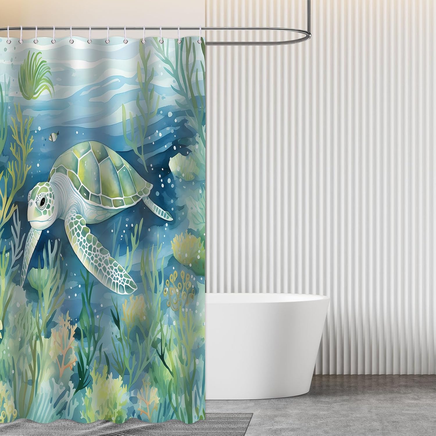 Cortina de ducha de tortuga marina, cortina de baño azul y verde azulado océano, peces bajo el agua, conchas marinas, planta acuática, juego de