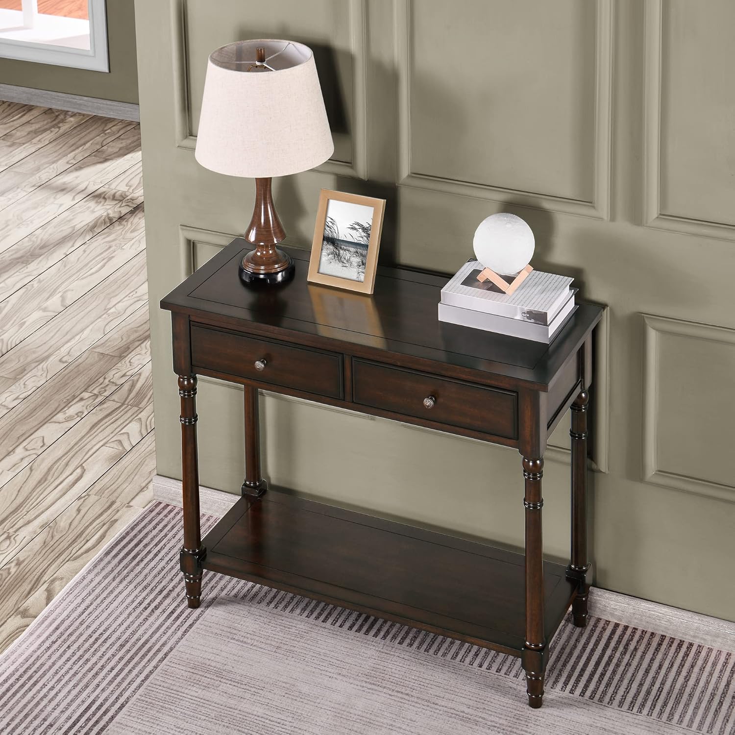 Mesa consola de madera maciza con 2 cajones, mesa de sofá decorativa de 2 niveles de 35.4 x 30 pulgadas con estante de almacenamiento multicapa,