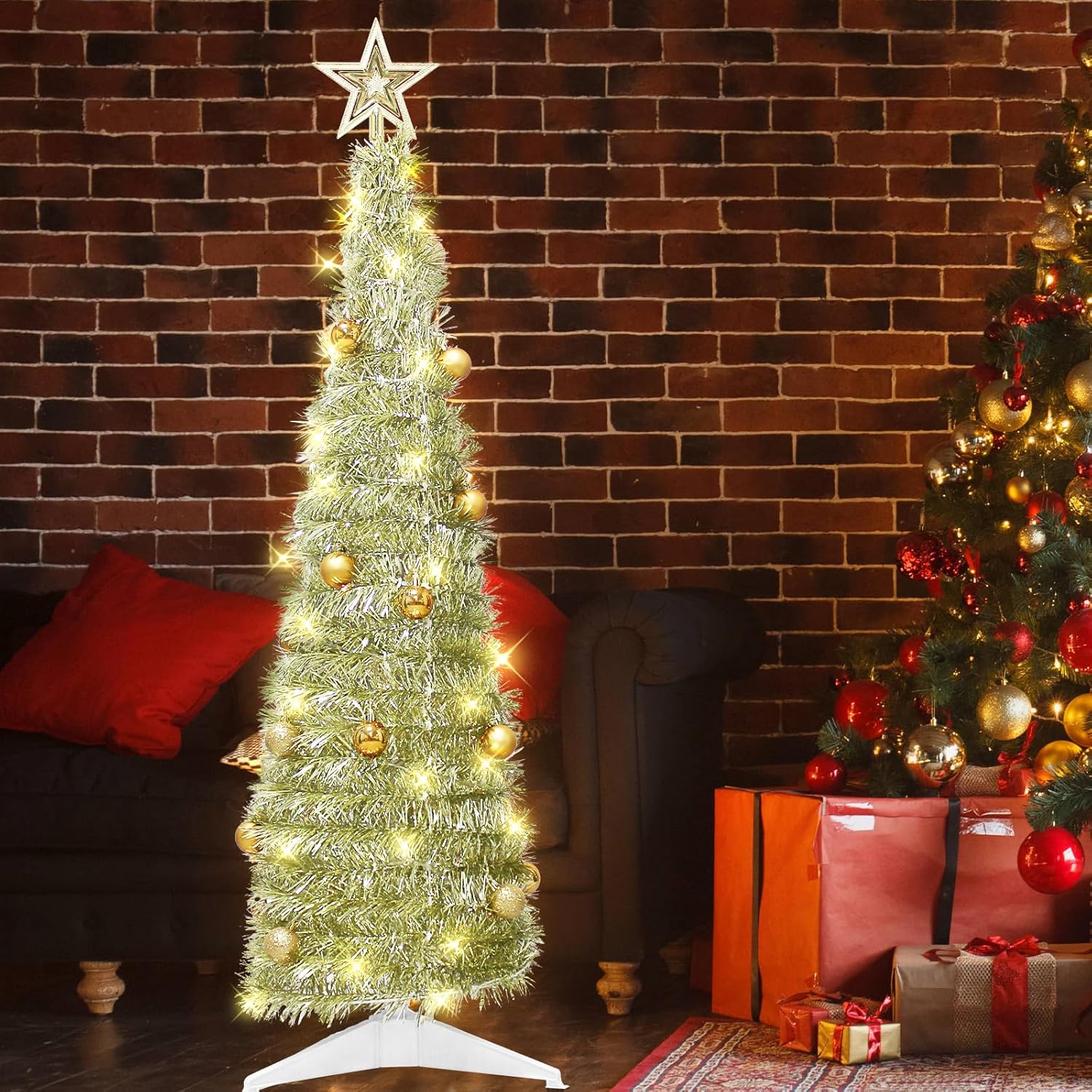 Árbol de Navidad desplegable de 4 pies para decoración de interiores, mini árbol de Navidad preiluminado con 60 luces, árbol de Navidad artificial