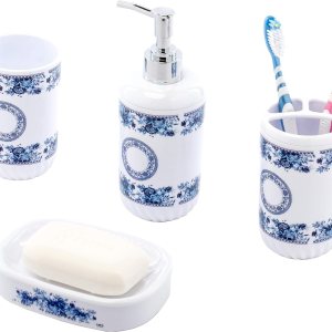 Basicwise Juego de accesorios de baño de 4 piezas, incluye dispensador de jabón, soporte para cepillo de dientes, vaso y jabonera (blanco) Basicwise Juego de accesorios de baño de 4 piezas, incluye dispensador de jabón, soporte para cepillo de dientes, vaso y jabonera (blanco)