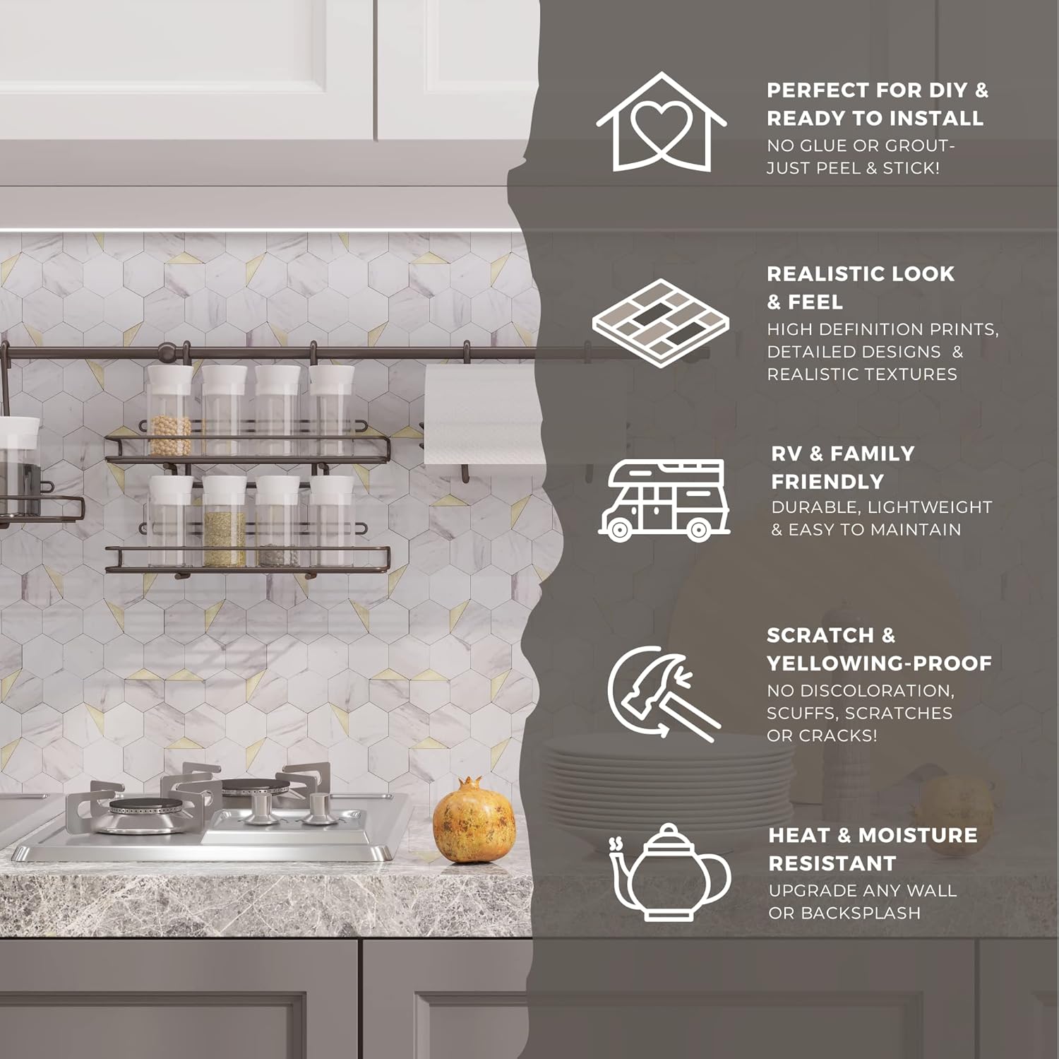 Avant Decor  8 azulejos  Azulejos hexagonales pequeños compuestos de piedra  Azulejos de cocina para despegar y pegar  Azulejos de pared para pegar