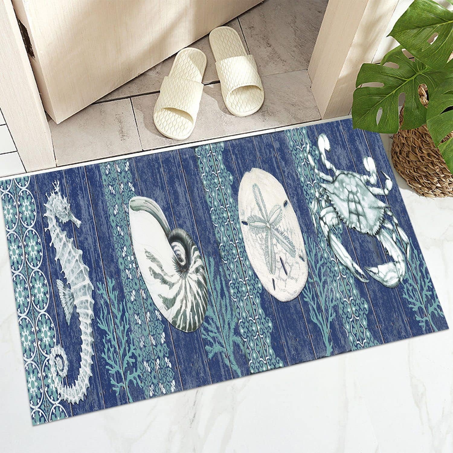 GUBIYU Alfombra rústica costera, alfombra de área de playa con océano, color azul marino, tapete para baño, tapete antideslizante para sala de