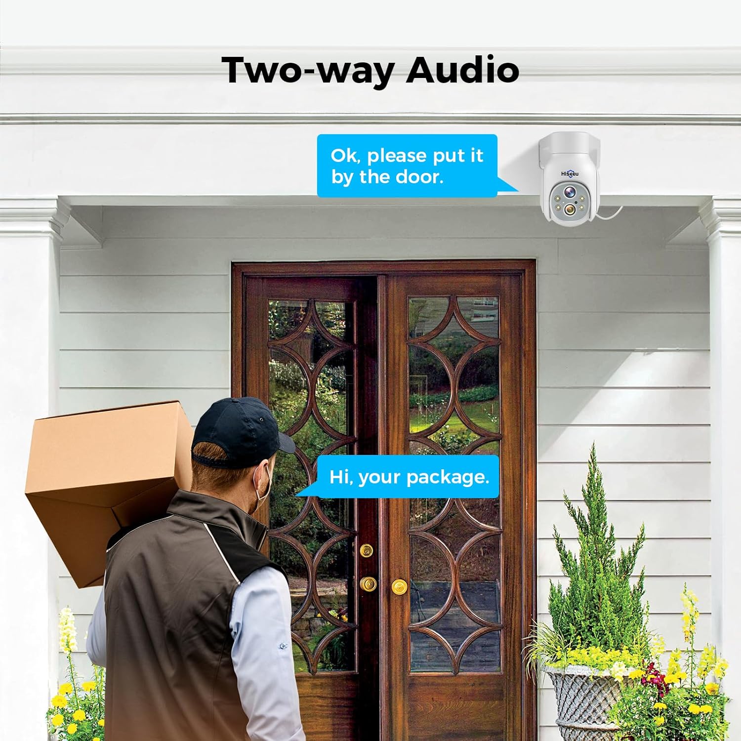 Hiseeu Cámara de seguridad de doble lente de 3MP inalámbrica WiFi 2.4GHz al aire libre, zoom panorámico e inclinación de 10X 360, visión nocturna a