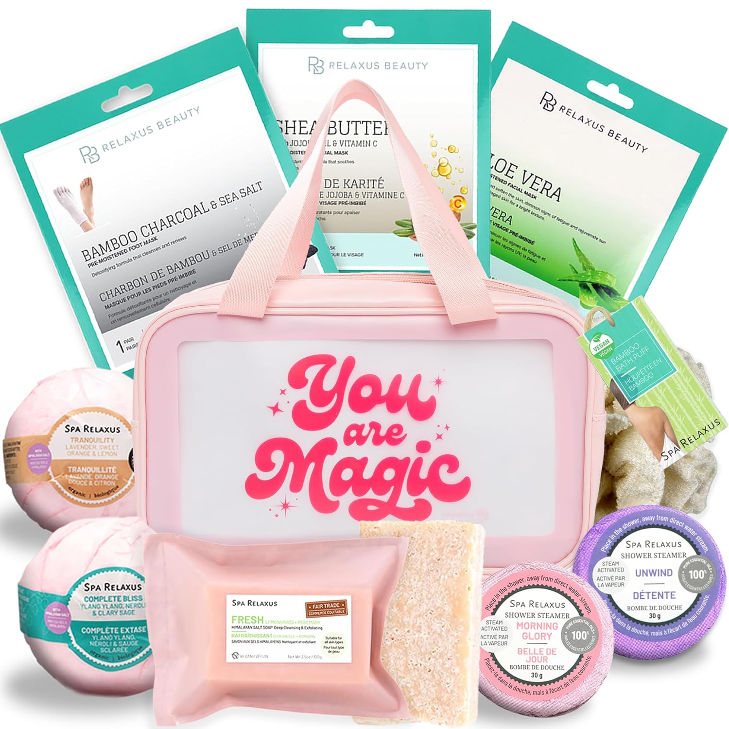 Cestas de regalo de spa para mujer, regalos de spa premium para mujeres con bolsa de cosméticos, bombas de baño, juego de regalo de spa hecho a mano