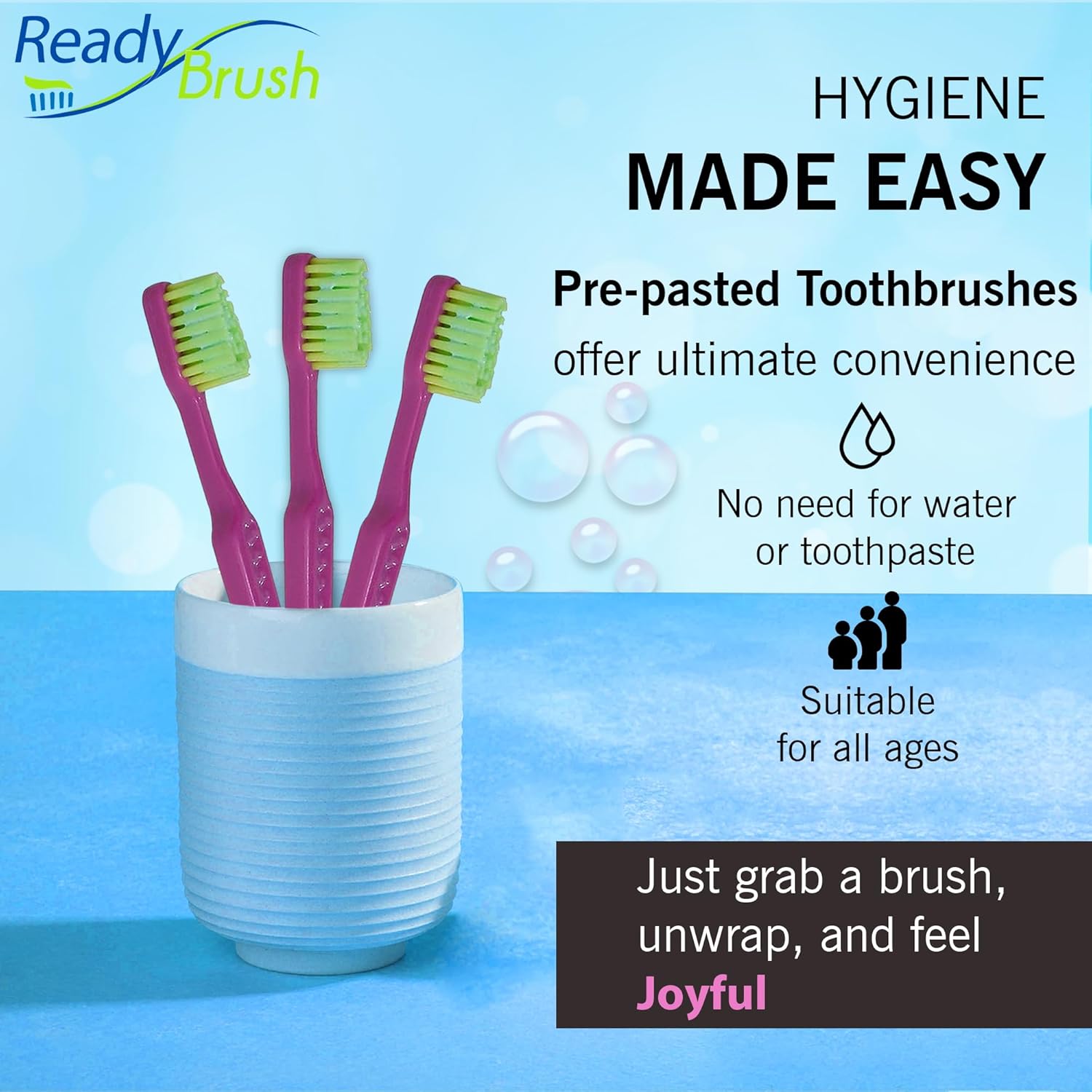 READYBRUSH JR 30 Cepillos de dientes reutilizables para niños prepegados con pasta de dientes sabor a goma de mascar en las cerdas, cepillos de