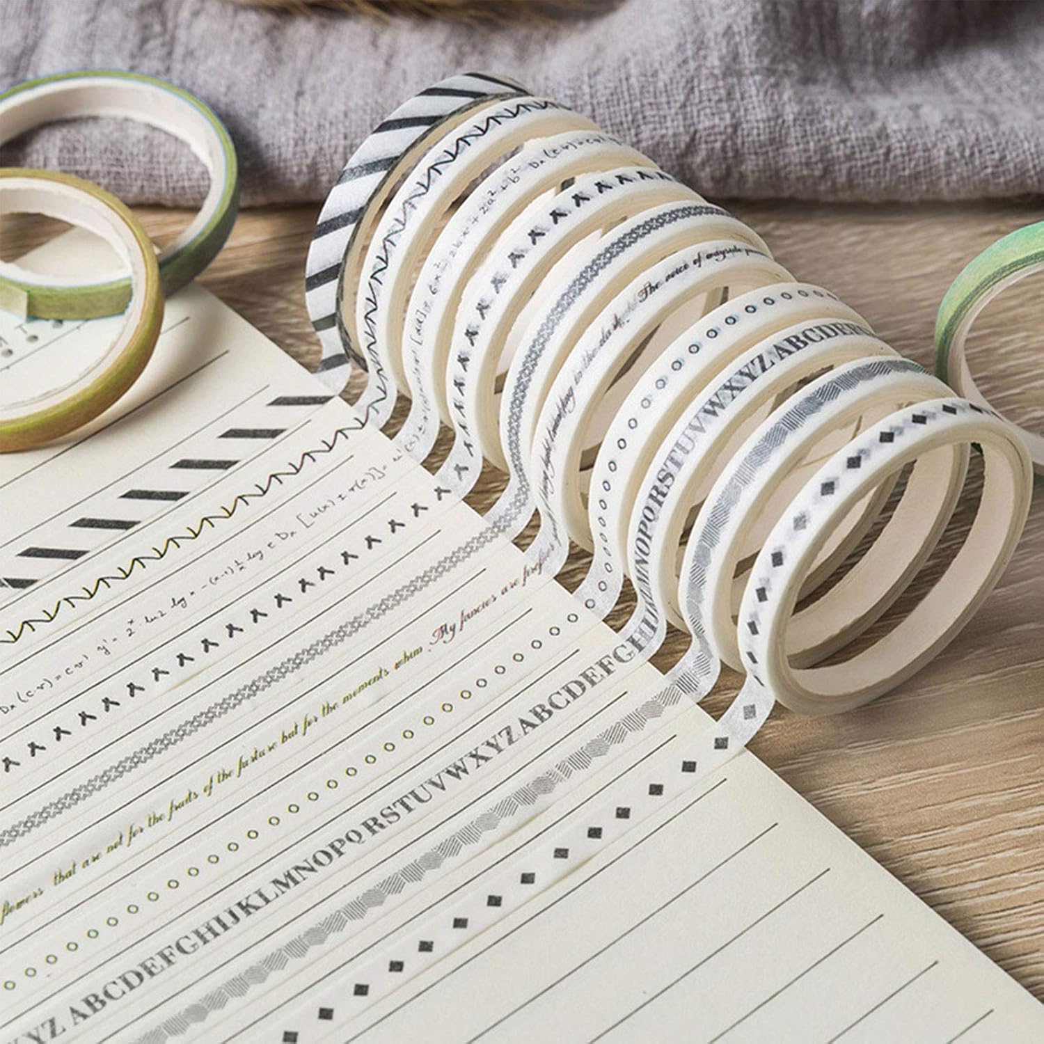 ZMLSED Juego de cintas washi delgadas de 0.197 in de ancho, 10 rollos de cintas decorativas minimalistas de estilo blanco y negro japonés para