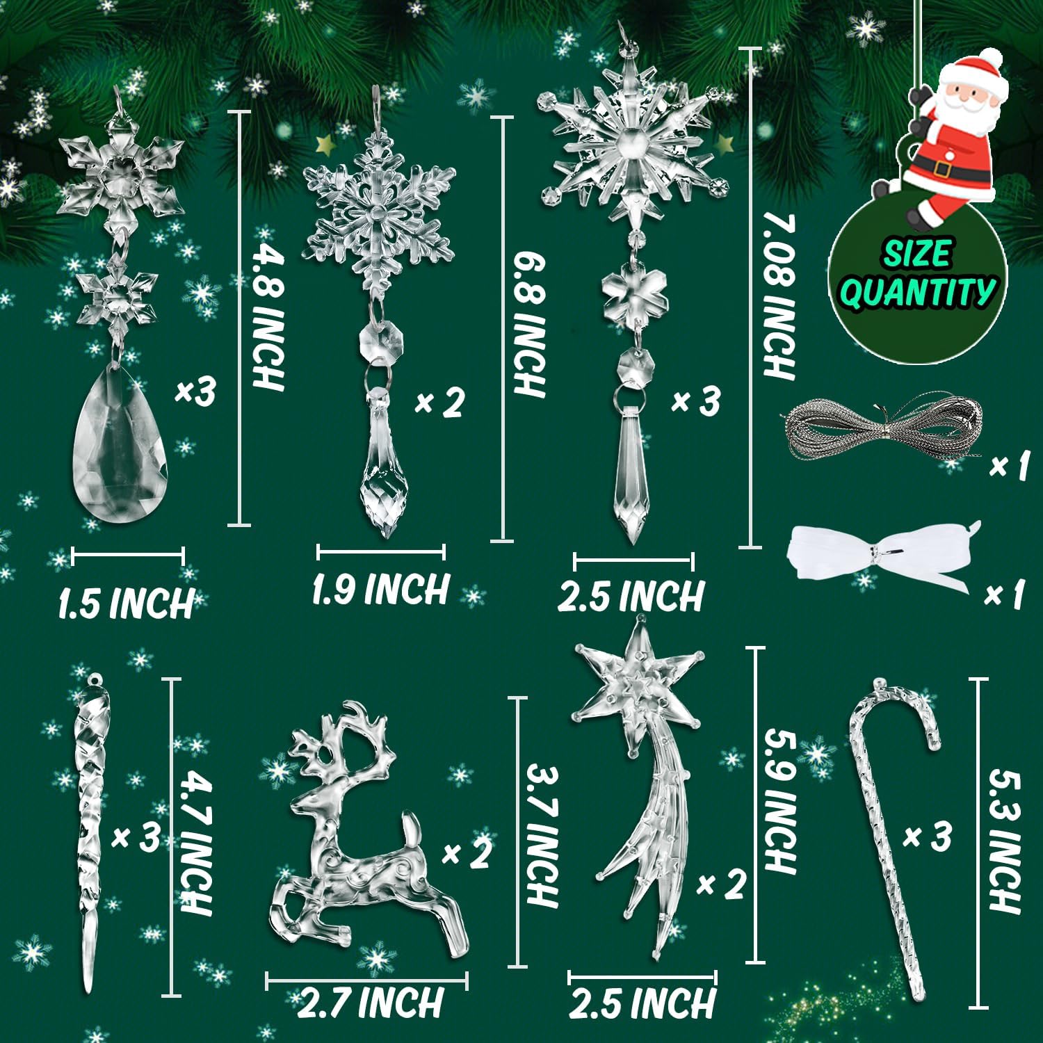 18 adornos de cristal de Navidad, decoración de árbol de Navidad, copos de nieve acrílicos, carámbanos, adornos de cristal transparente para