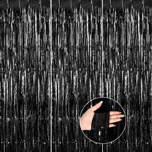 Paquete de 3 cortinas de flecos de aluminio grueso negro de 3.2 x 8.2 pies, telón de fondo de fotos para cumpleaños, despedida de soltera, despedida Paquete de 3 cortinas de flecos de aluminio grueso negro de 3.2 x 8.2 pies, telón de fondo de fotos para cumpleaños, despedida de soltera, despedida