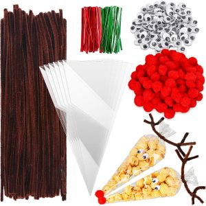 Whaline Juego de 500 bolsas de cono de Navidad transparentes, tallos de felpilla marrón, bolas de pompón rojo y ojos ondulados, juego de limpiadores Whaline Juego de 500 bolsas de cono de Navidad transparentes, tallos de felpilla marrón, bolas de pompón rojo y ojos ondulados, juego de limpiadores