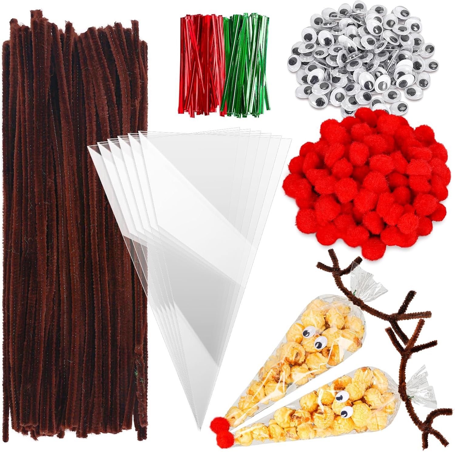 Whaline Juego de 500 bolsas de cono de Navidad transparentes, tallos de felpilla marrón, bolas de pompón rojo y ojos ondulados, juego de limpiadores