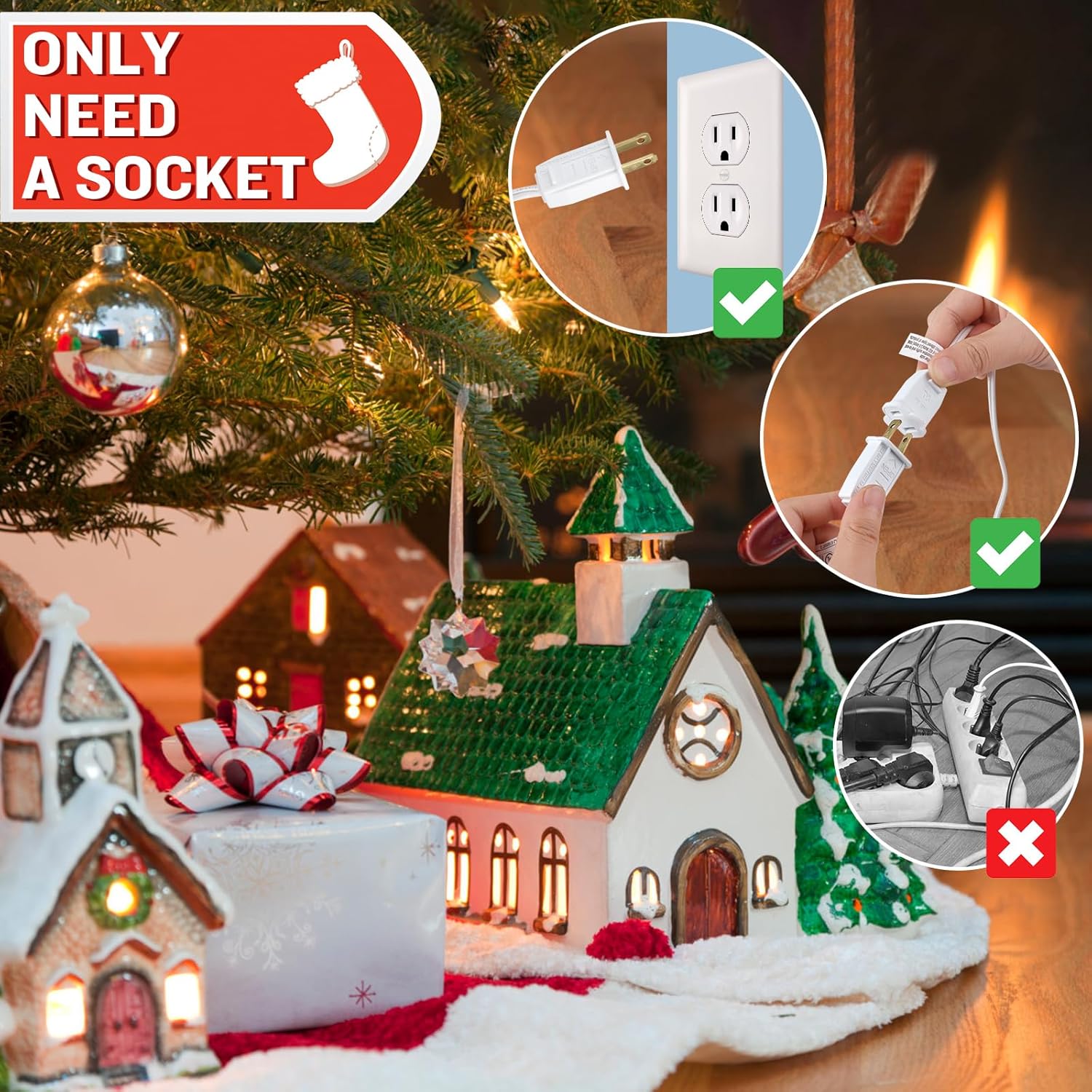 Luces de pueblo de Navidad con 5 bombillas LED de color blanco cálido, decoración para casas de pueblo de Navidad, cable de luz C7