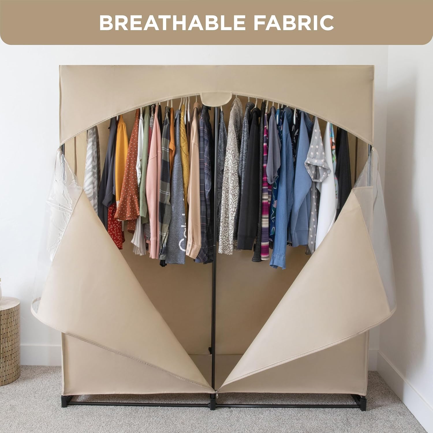 HOLDN’ STORAGE Armario portátil para colgar ropa con cubierta beige, grande, barra para colgar resistente con 50 libras. Capacidad de peso montaje
