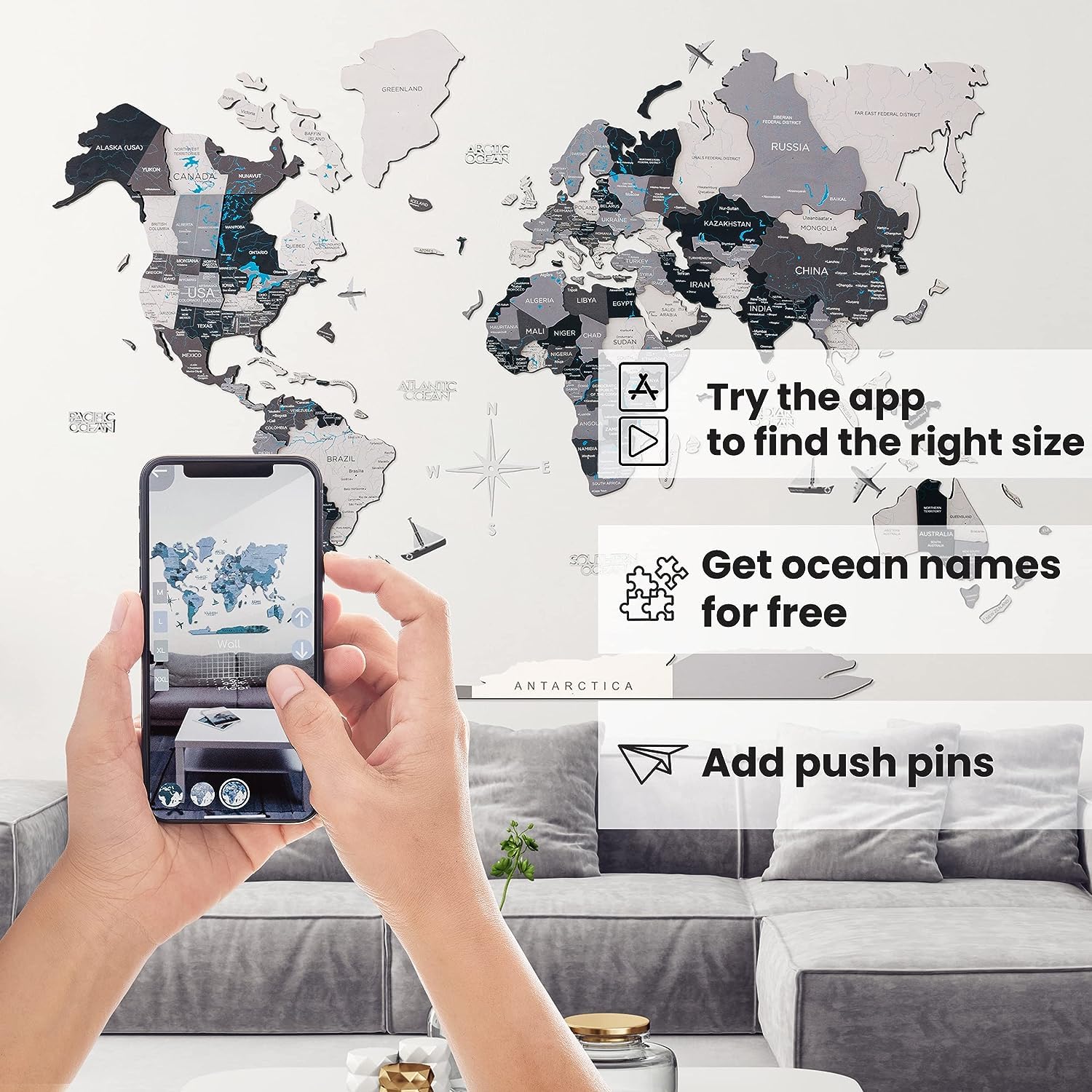ENJOY THE WOOD Home Décor 3D Wood World Map With Rivers & Lakes Wall Art Large Wall Décor – World Travel Map All Sizes Gift Idea – Wall Art For Home