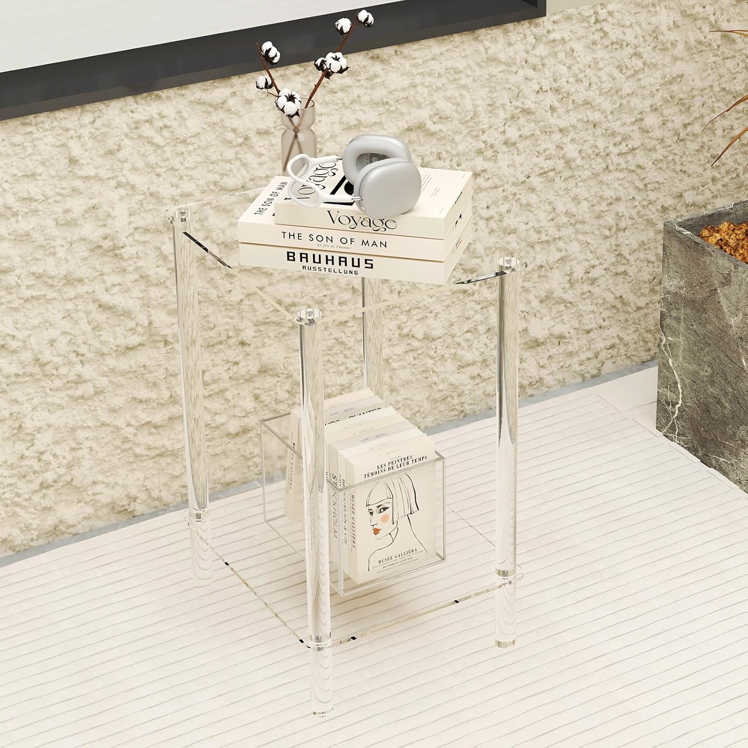 Juego de 2 mesas auxiliares de acrílico transparente de alta calidad, mesa auxiliar de 2 niveles, mesita de noche, mesa auxiliar, ideal para