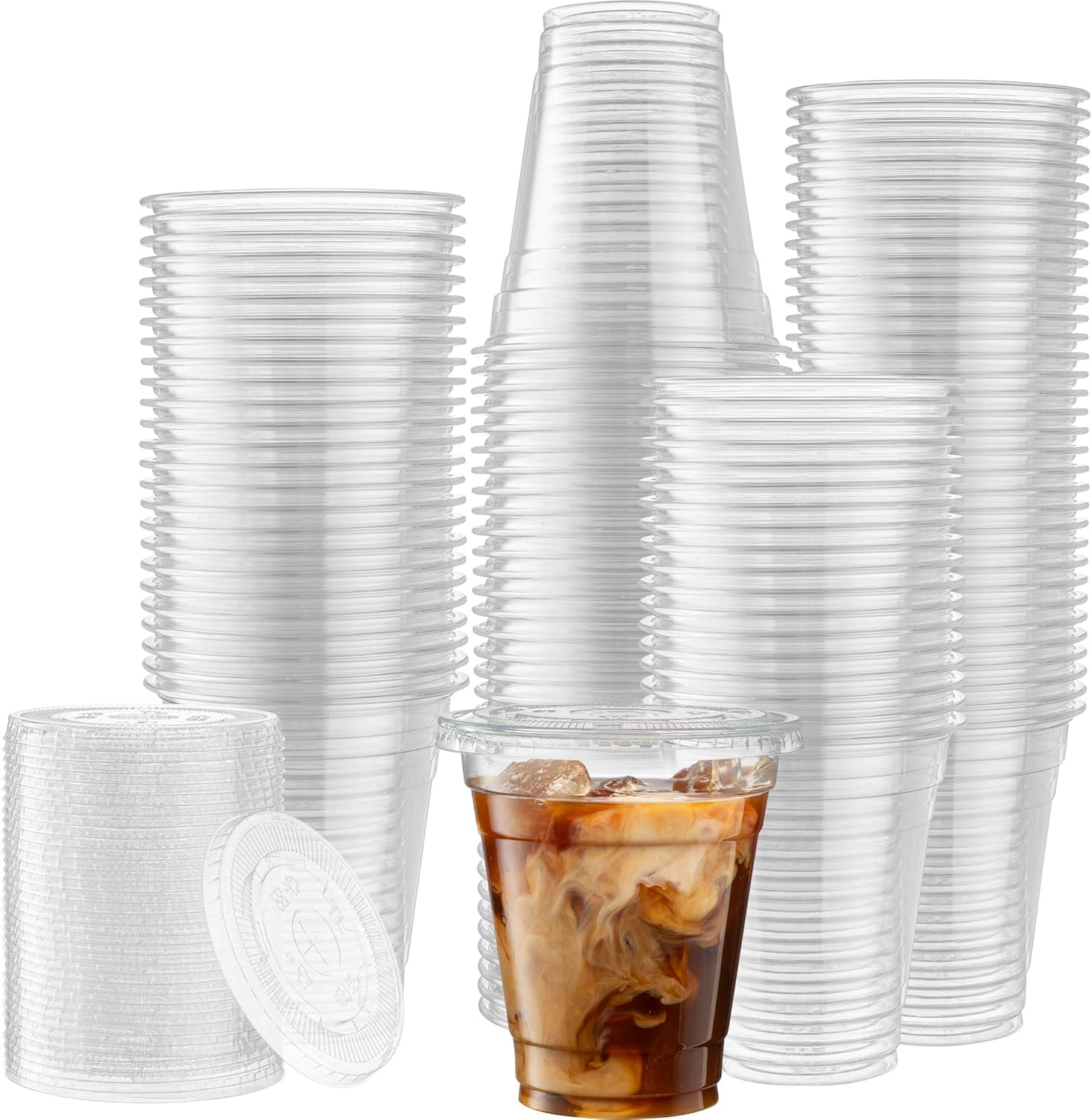 ELEGANT DISPOSABLES 50 juegos  12 onzas Vasos de plástico transparente para mascotas con tapas planas para café helado, bebidas frías, batidos,