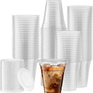 ELEGANT DISPOSABLES 50 juegos  12 onzas Vasos de plástico transparente para mascotas con tapas planas para café helado, bebidas frías, batidos, ELEGANT DISPOSABLES 50 juegos  12 onzas Vasos de plástico transparente para mascotas con tapas planas para café helado, bebidas frías, batidos,