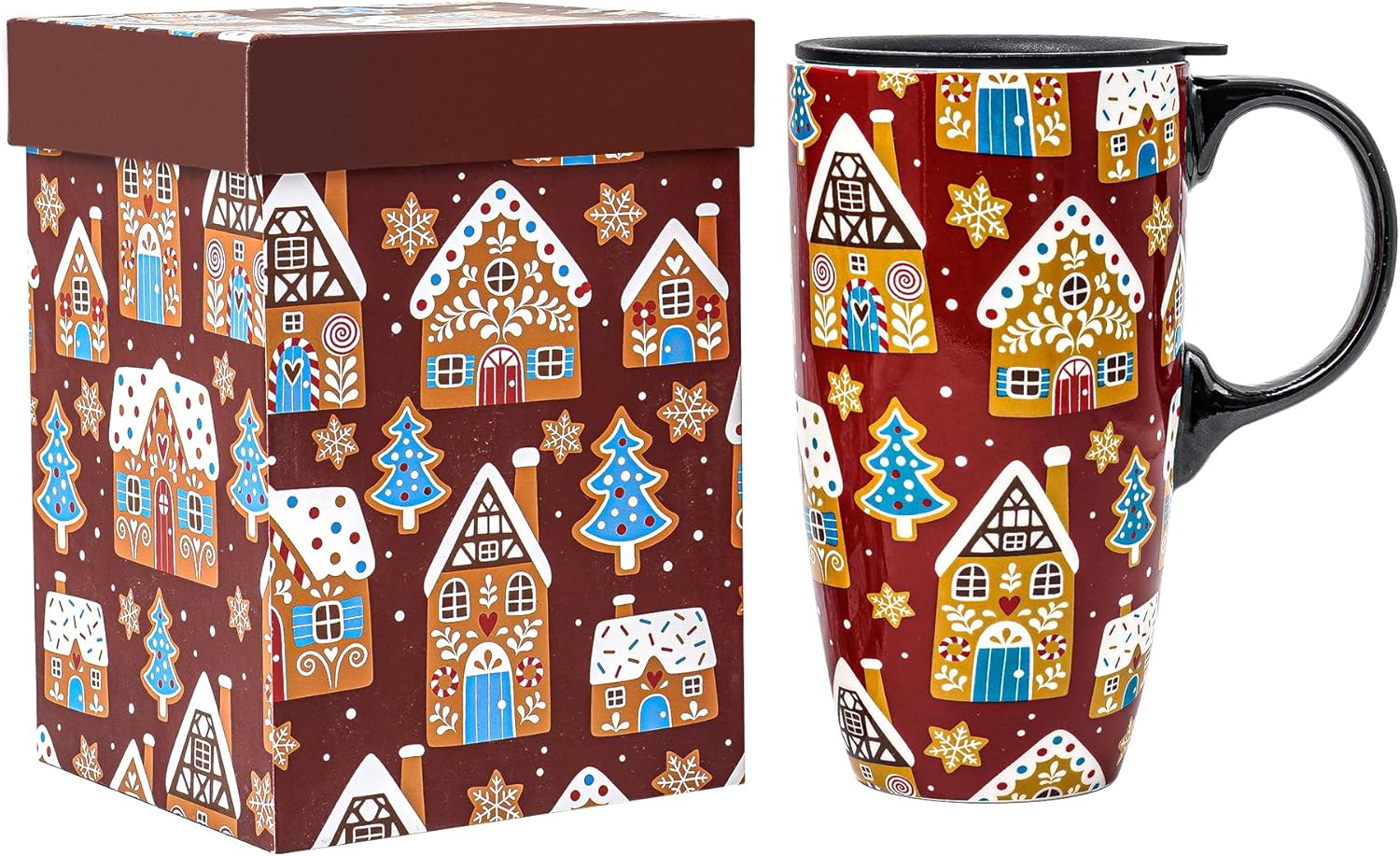 Topadorn Taza de café de cerámica para regalo con tapa de 17 onzas, taza de té alta de porcelana con asa para el hogar y la oficina, taza con diseño