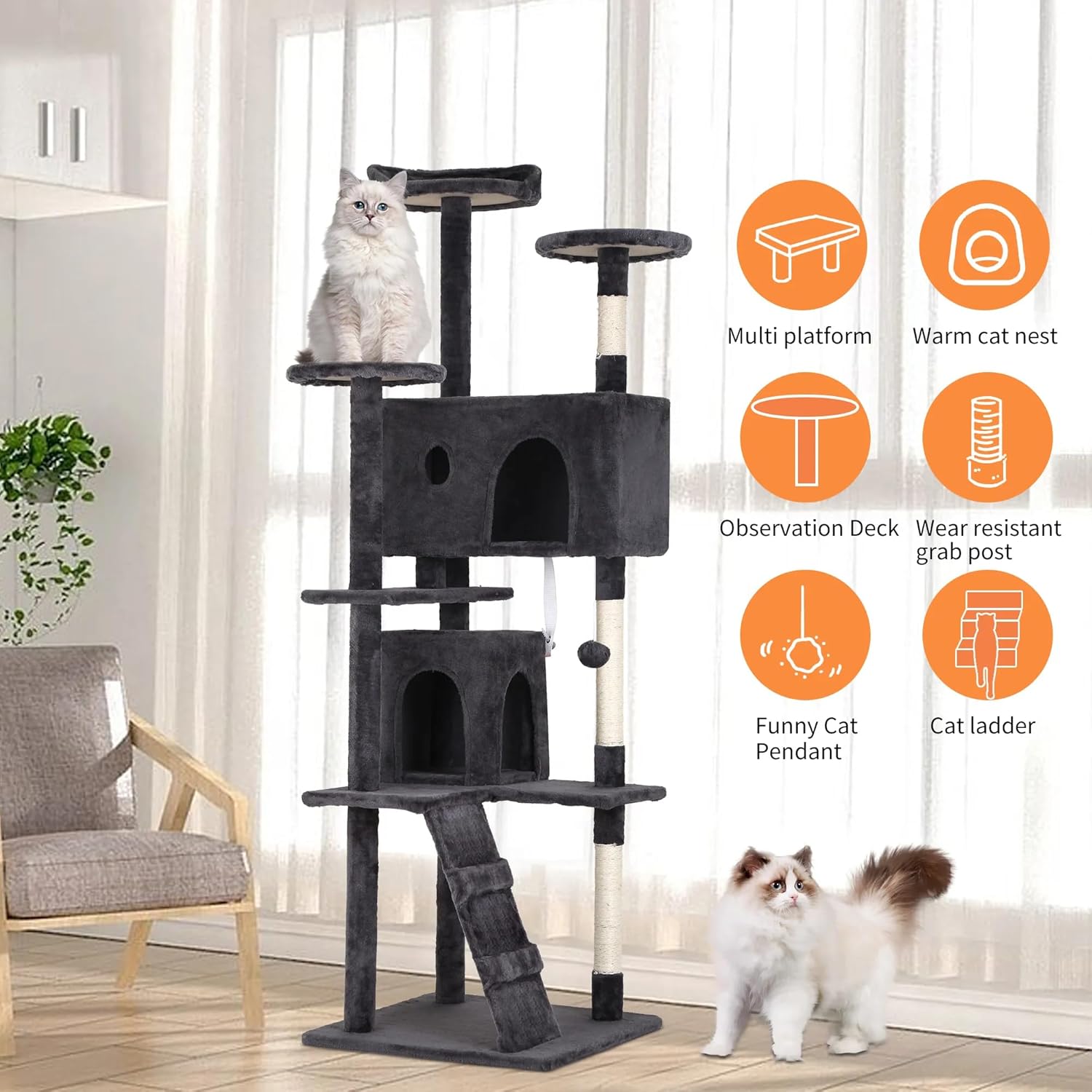 Torre de árbol para gatos de 70 pulgadas para gatos de interior, muebles de condominio para gatos de varios niveles con poste rascador de sisal, 3