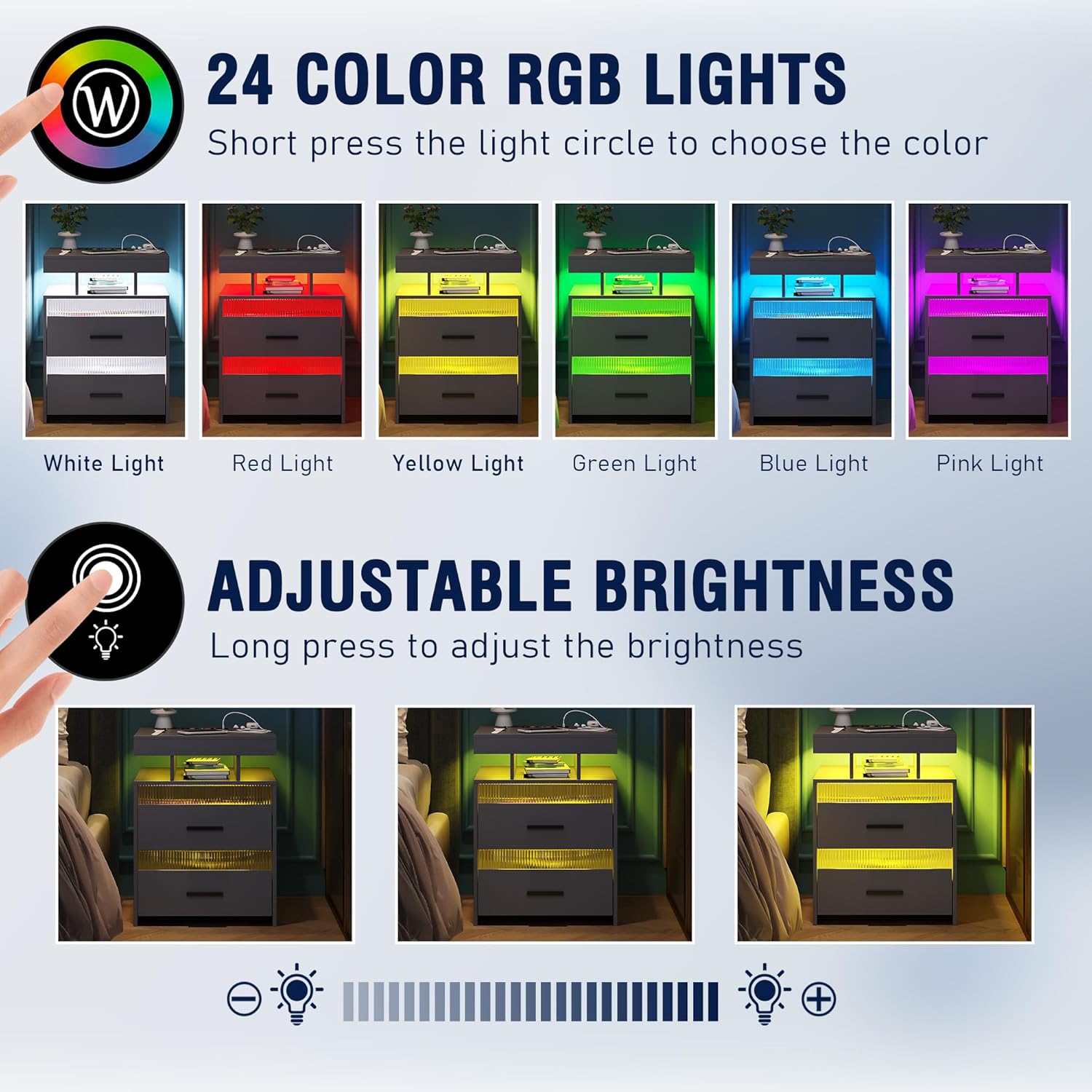 OUTDOOR DOIT Mesita de noche con estación de carga inalámbrica y luces LED, mesitas de noche modernas, mesita de noche con 2 cajones transparentes y