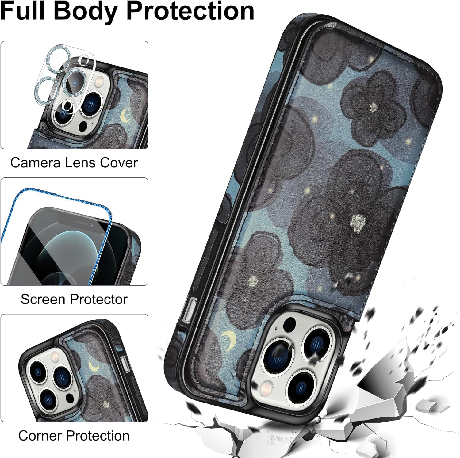 HianDier Funda tipo cartera para iPhone 12 Pro MAX con pulsera, protector de pantalla + funda para cámara, con ranura para tarjeta de crédito, funda