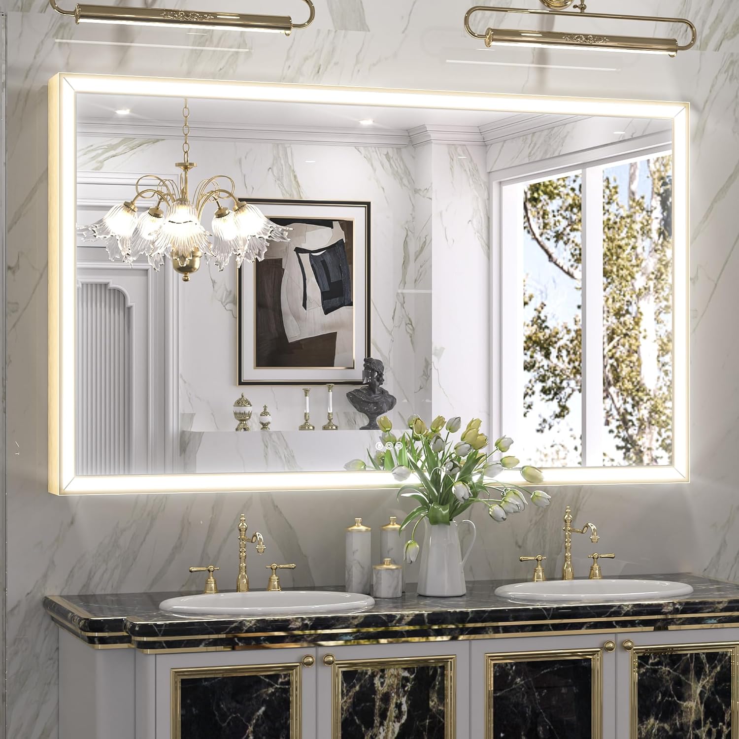Keonjinn Espejo de baño LED dorado de 60 x 36 pulgadas con parte delantera, luz en ángulo de 45, difusor biselado, espejo de pared dorado con marco