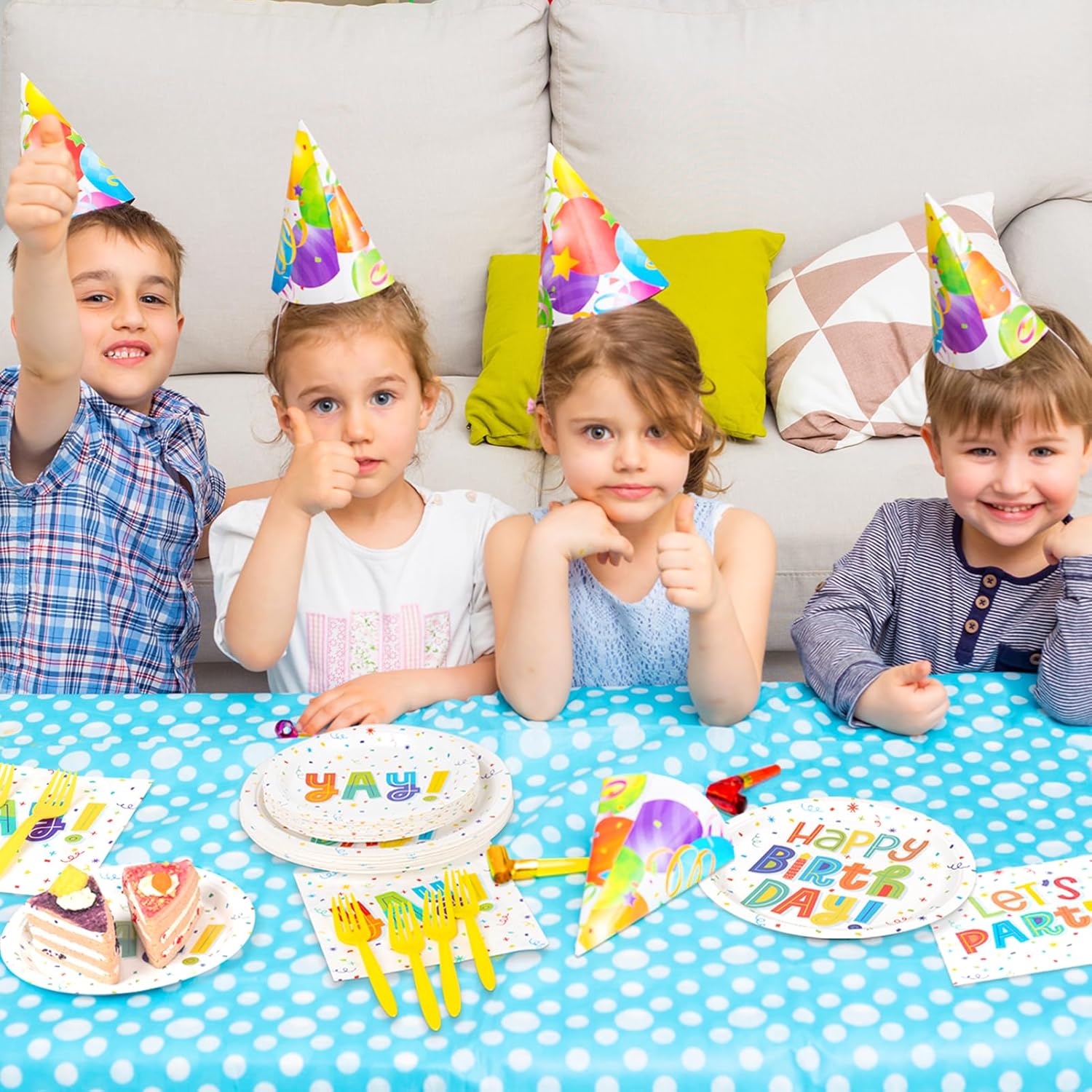DECORLIFE Platos y servilletas de feliz cumpleaños, suministros para fiesta de 24, suministros de fiesta de cumpleaños incluyen tenedores para