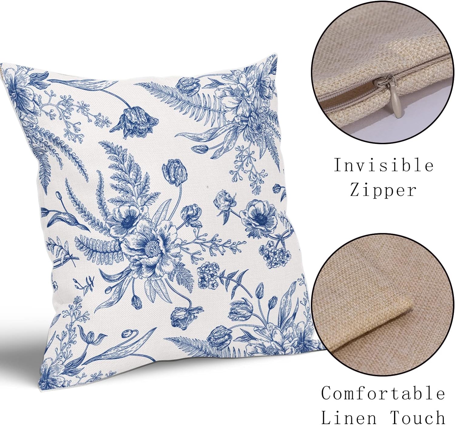 Juego de 2 fundas de almohada de flores azules de 18 x 18 pulgadas, color blanco y azul, fundas de almohada de lino decorativas para exteriores,