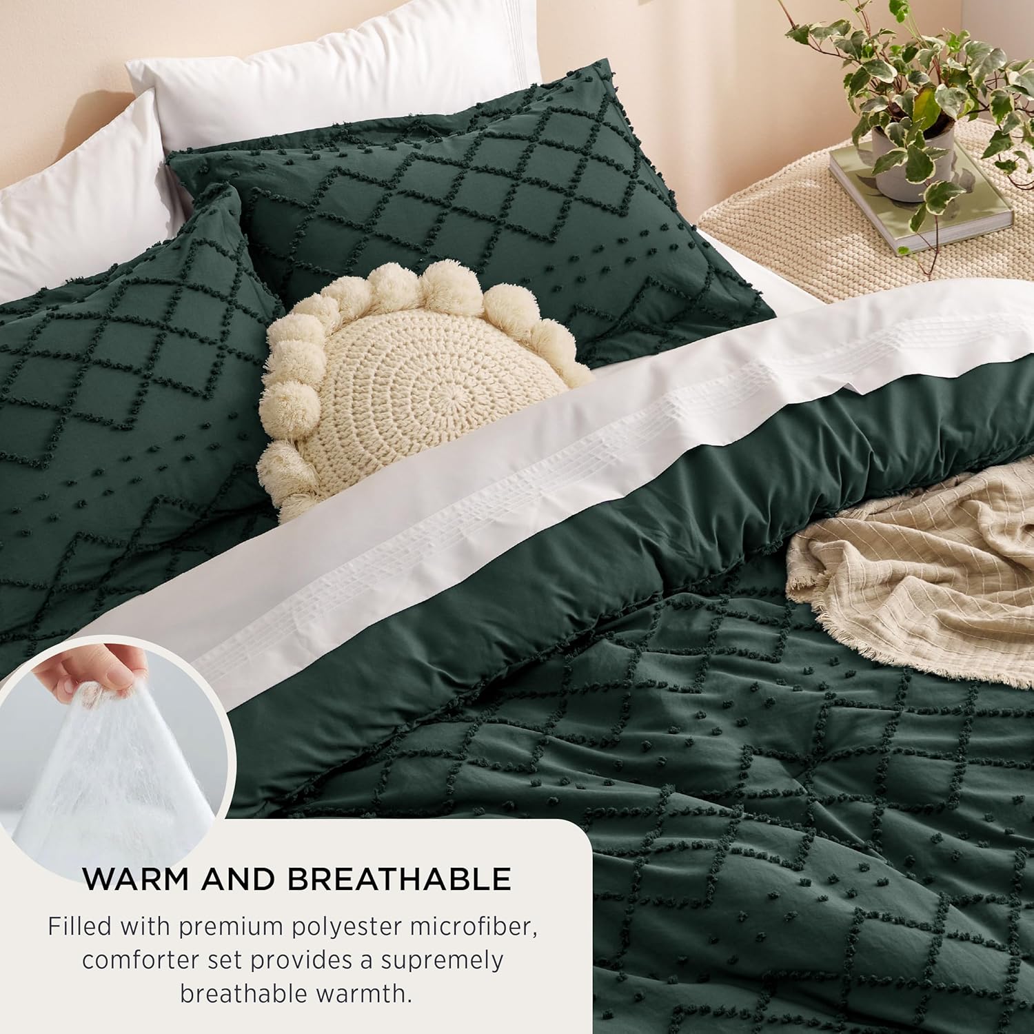 Bedsure Juego de edredón tamaño matrimonial  Edredón verde esmeralda oscuro, juego de edredón bohemio con copetudo, elegante estilo desgastado y