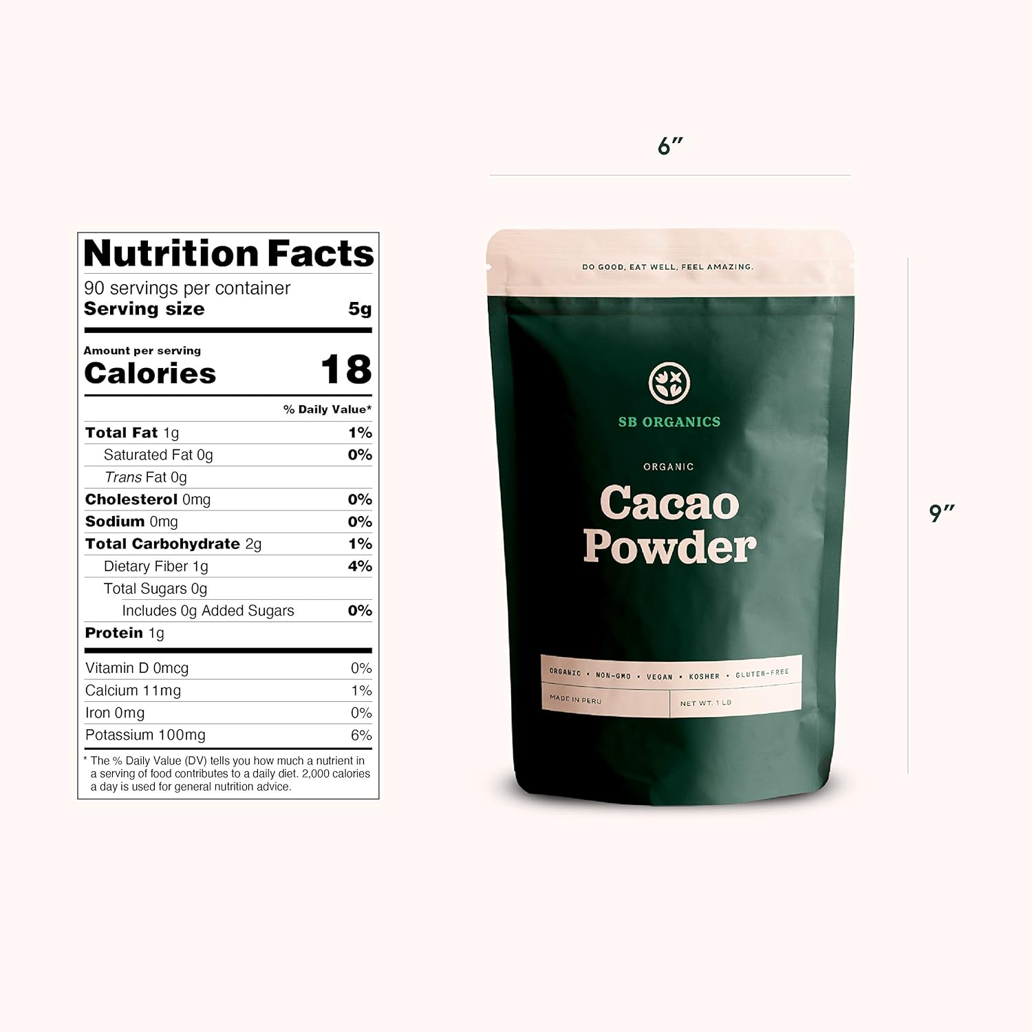 Sun Bay Organics Cacao en polvo  Bolsa de 16 onzas de cacao peruano en polvo orgánico sin OMG, vegano, kosher sin azúcar, libre de gluten, lácteos y