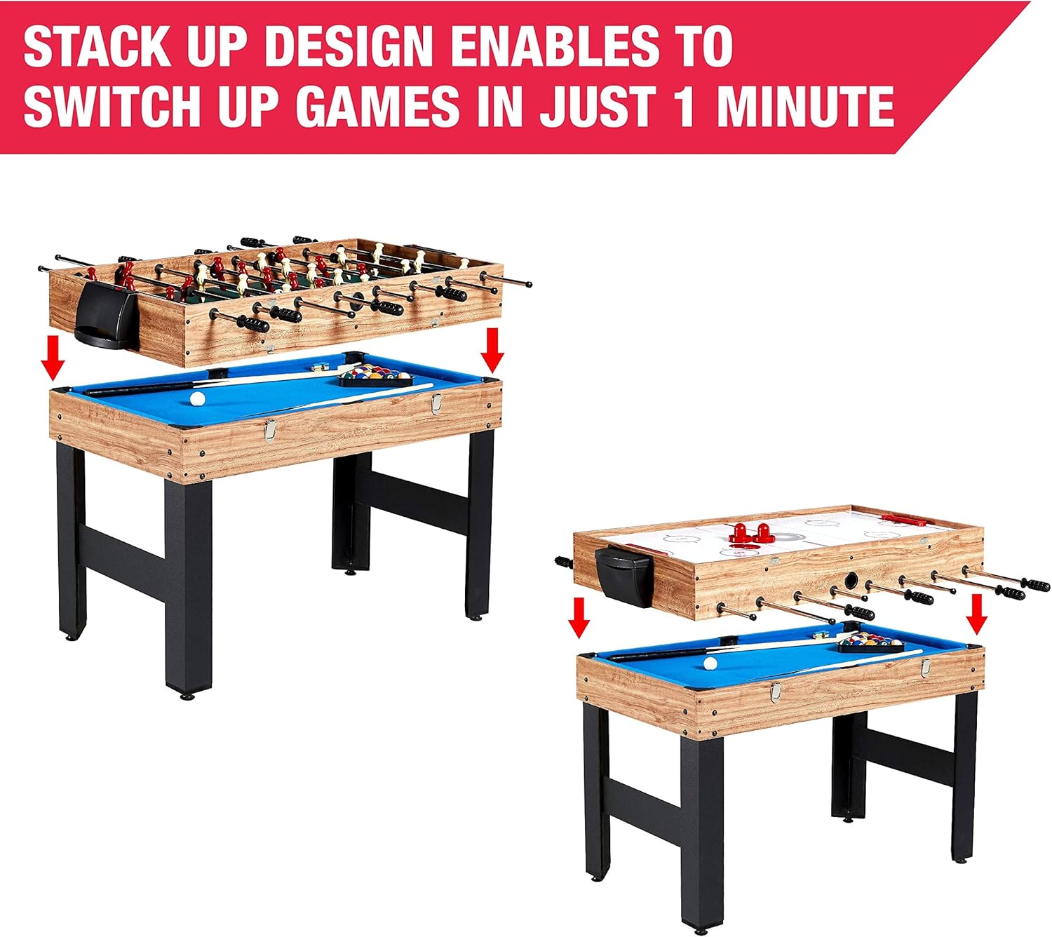Mesa de juego combinada 3 en 1 de 48 pulgadas, 3 juegos con billar, hockey y futbolín, accesorios incluidos