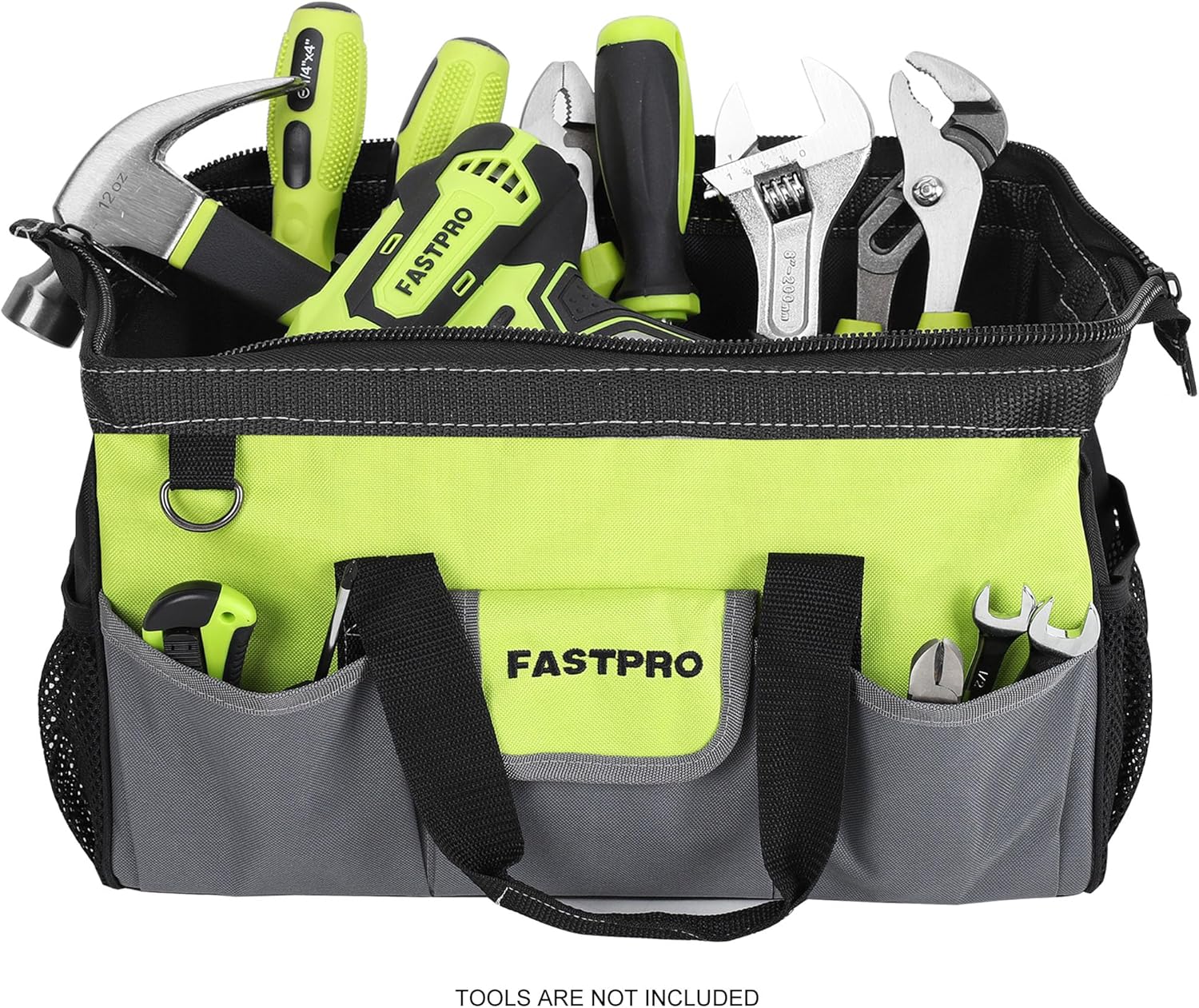 FASTPRO Bolsa de herramientas de 16 pulgadas, organizador de herramientas de boca ancha con gran capacidad, múltiples bolsillos y correa de hombro