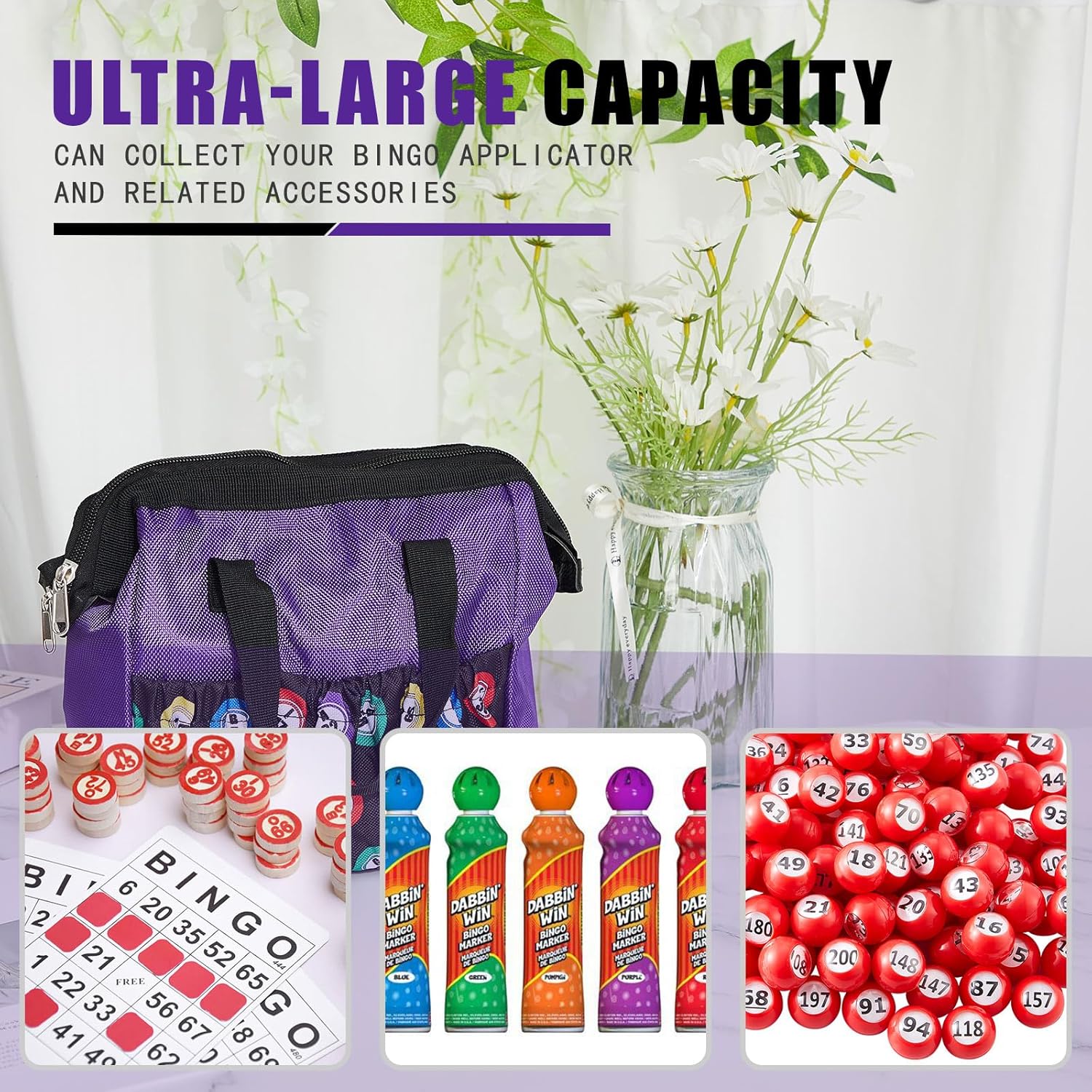 Bolsa de bingo Dauber de 2 piezas, bolsa de bingo con asa y cremallera, con 6 bolsillos externos y 3 bolsillos internos para salir (color morado)