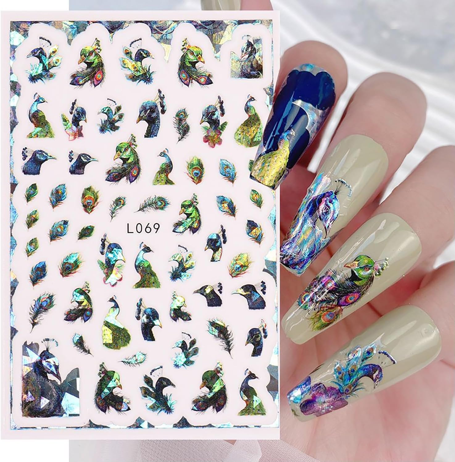 8 hojas de calcomanías de arte de uñas de flores de animales, calcomanías autoadhesivas 3D de mariposas, pavo real, suministros de arte de uñas,