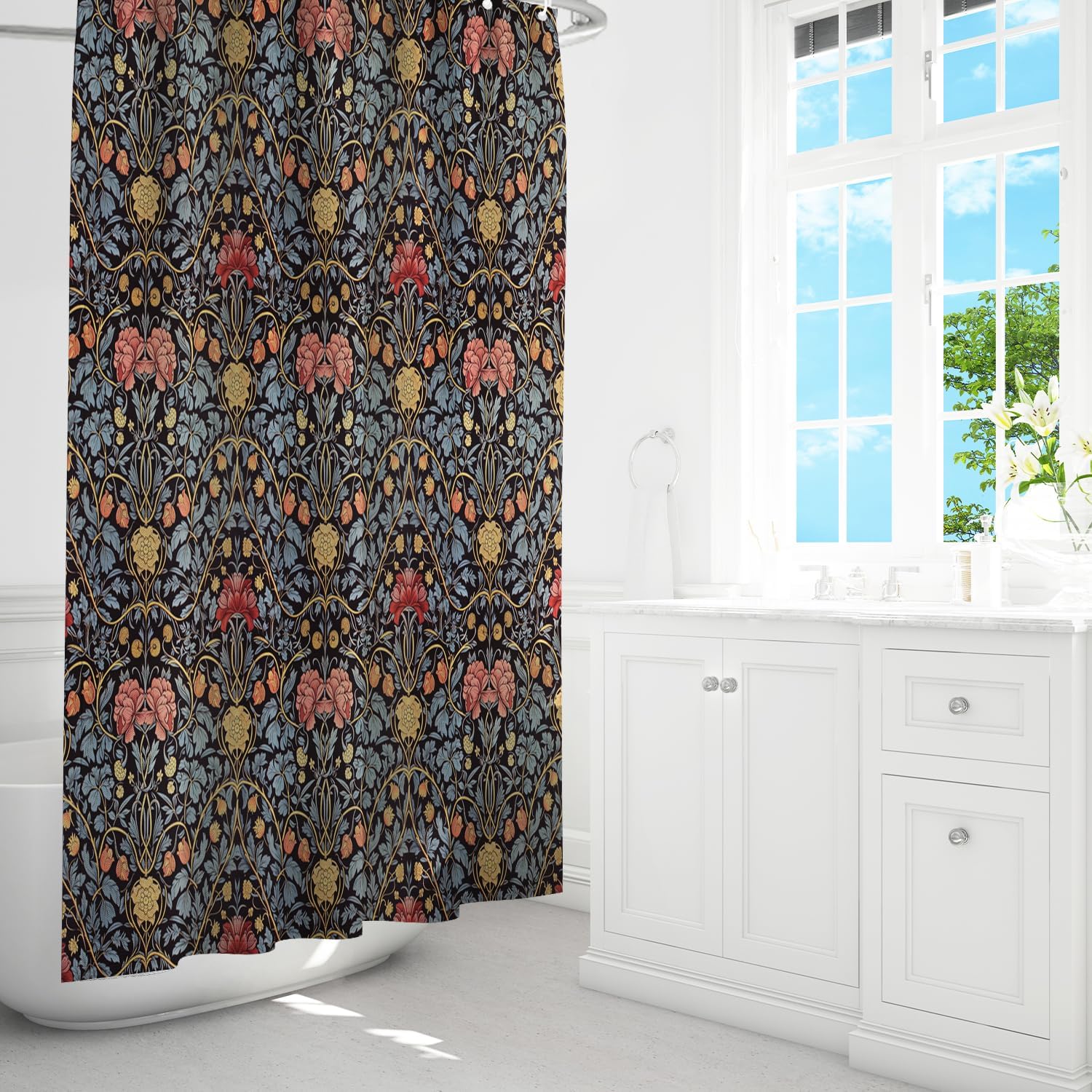 William Morris Vintage Floral Shower Curtain,BluePinkYellow Flower Shower Curtain Sets for Bathroom with 12 Hooks,Farmhouse Waterproof Shower