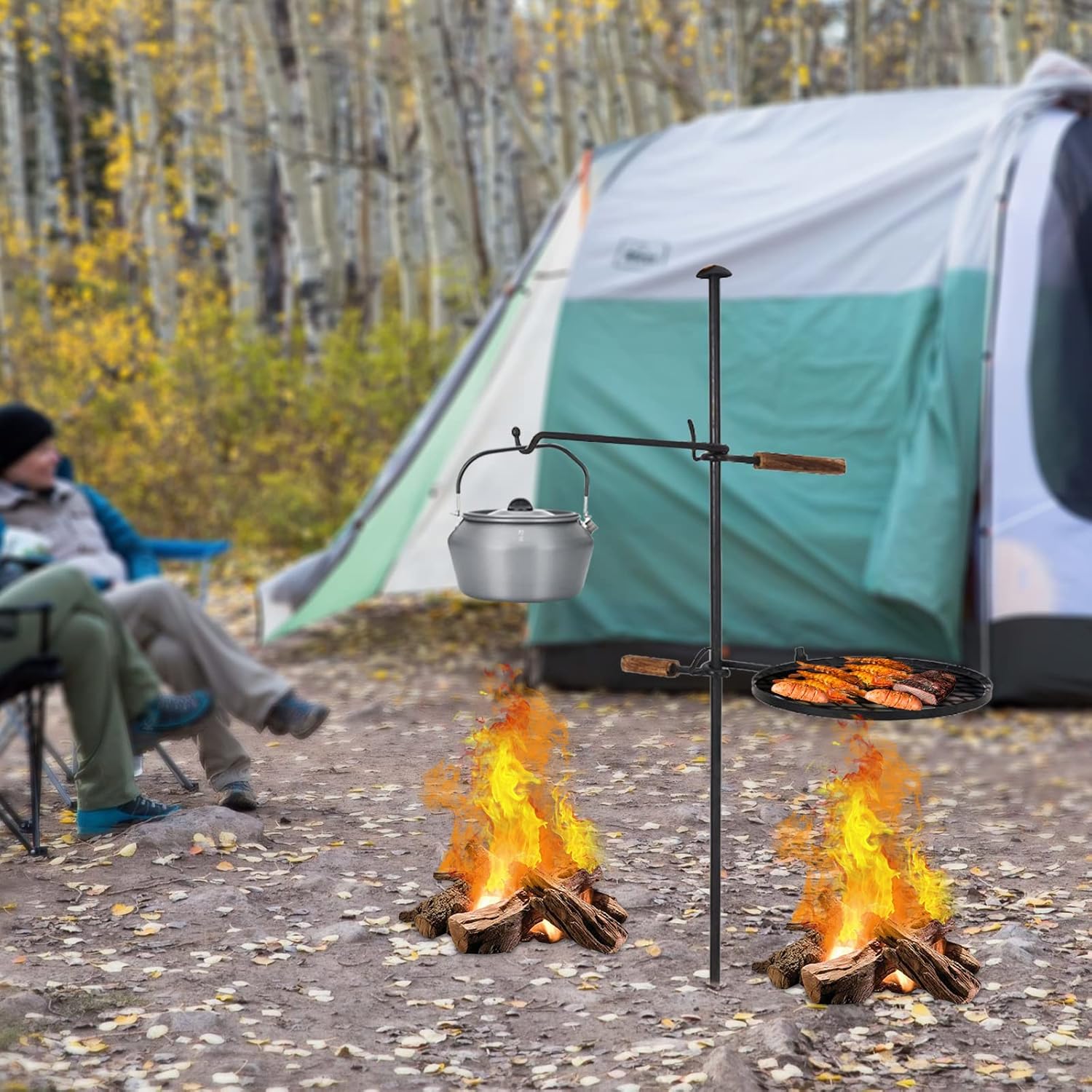 Barbacoa multifunción 2 en 1 para horno, parrilla giratoria ajustable para fogata al aire libre, barbacoa de carbón para cocinar para acampar viajes