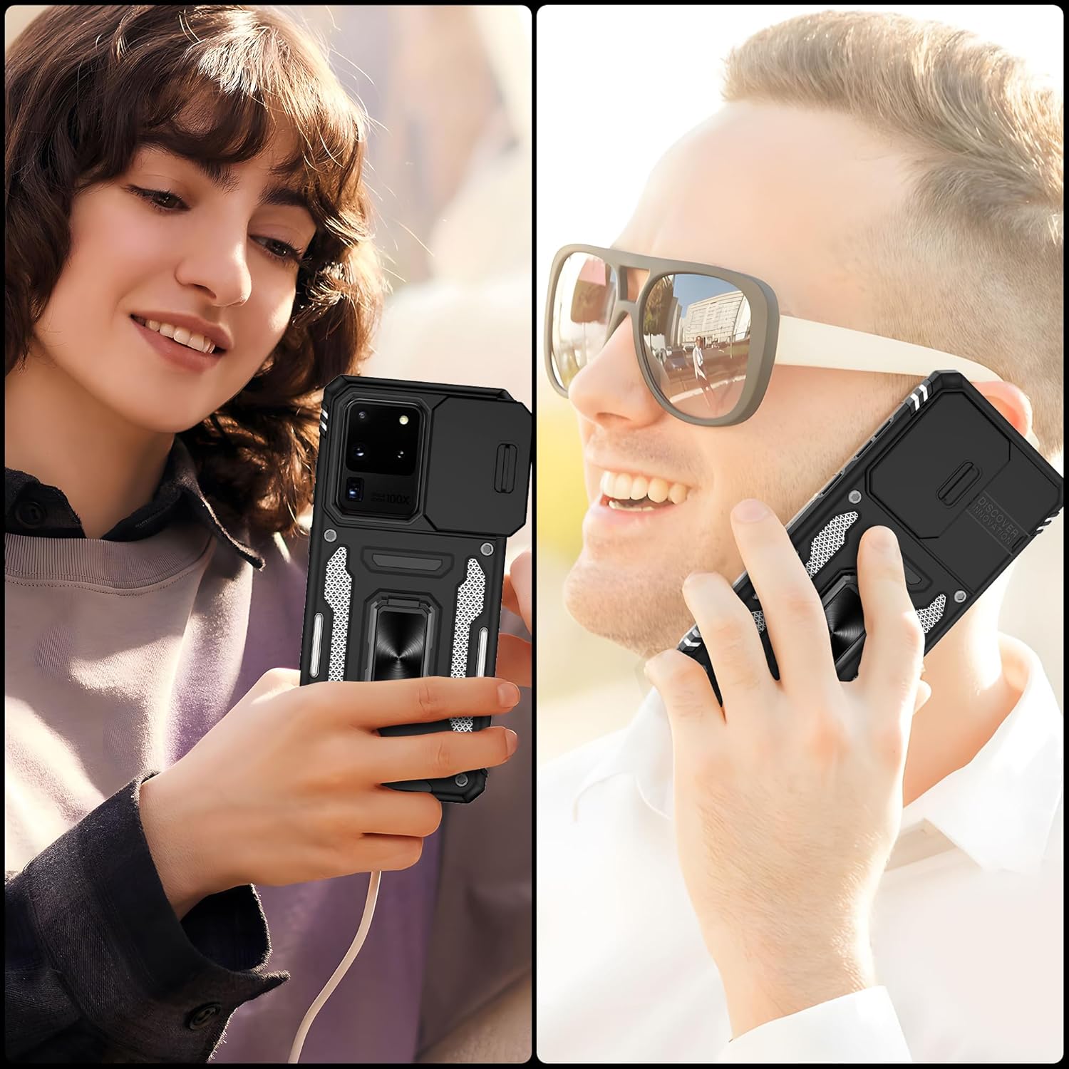 ATUMP Funda para Samsung Galaxy S20 Ultra con protector de pantalla HD con cubierta para cámara deslizante, soporte de anillo de rotación de 360