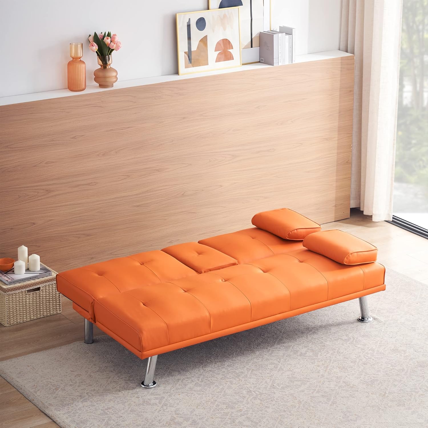 Sofá cama plegable doble multifuncional de 67 pulgadas con 2 portavasos, sofá biplaza de cuero con reposabrazos extraíbles, sofá cama plegable