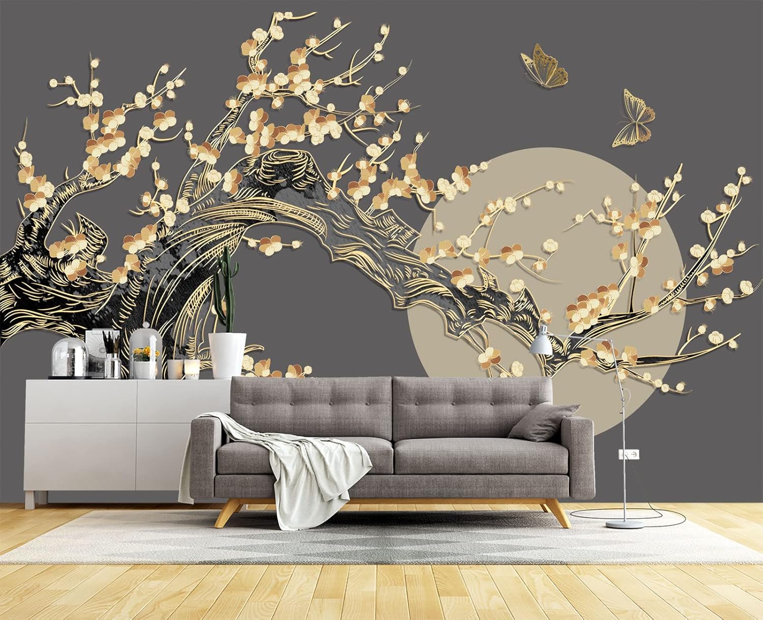 Papel tapiz de pared con diseño de mariposas y luna de ramas doradas, para dormitorio, 178 x 117 pulgadas