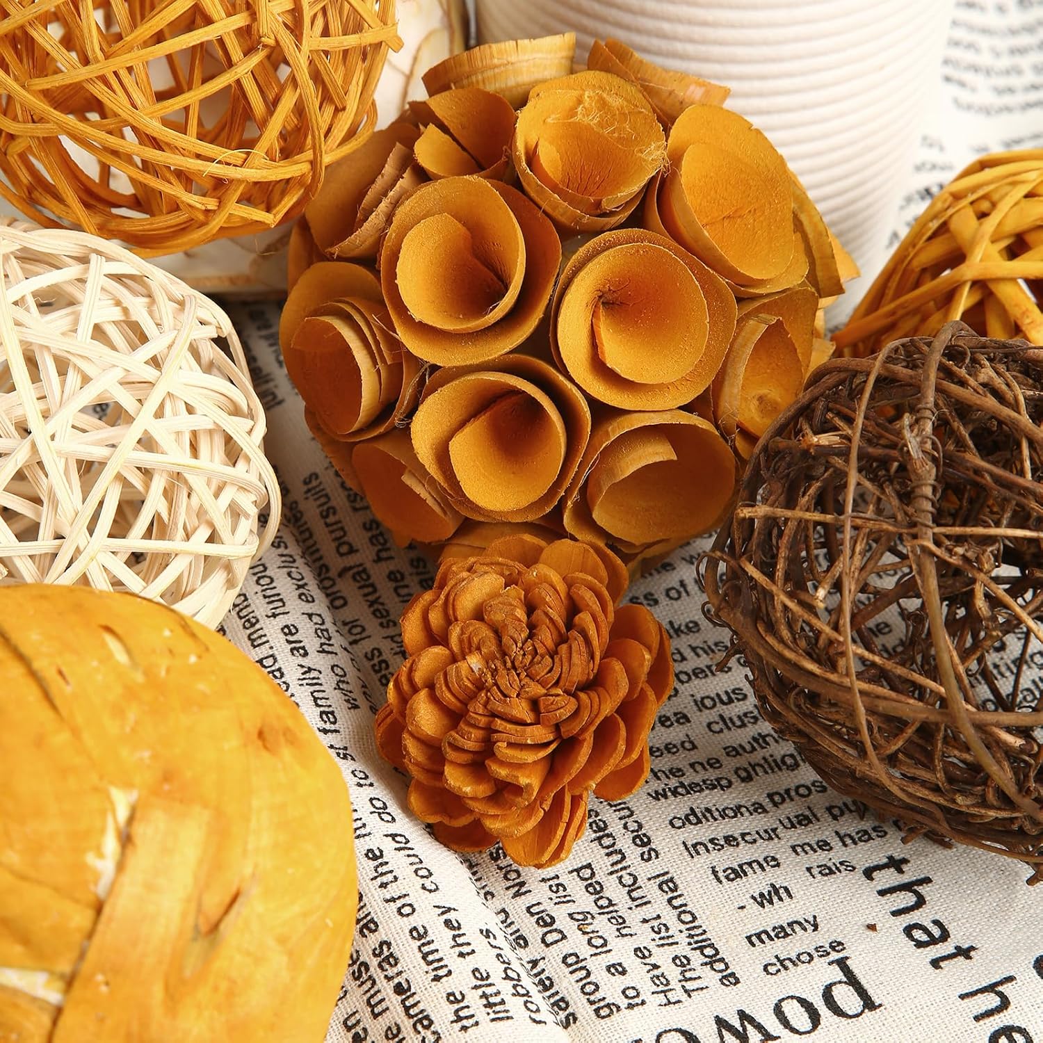 Bolas decorativas de otoño para decoración del hogar, juego de 6 bolas de mimbre de ratán de tono natural para decoración del hogar, centros de