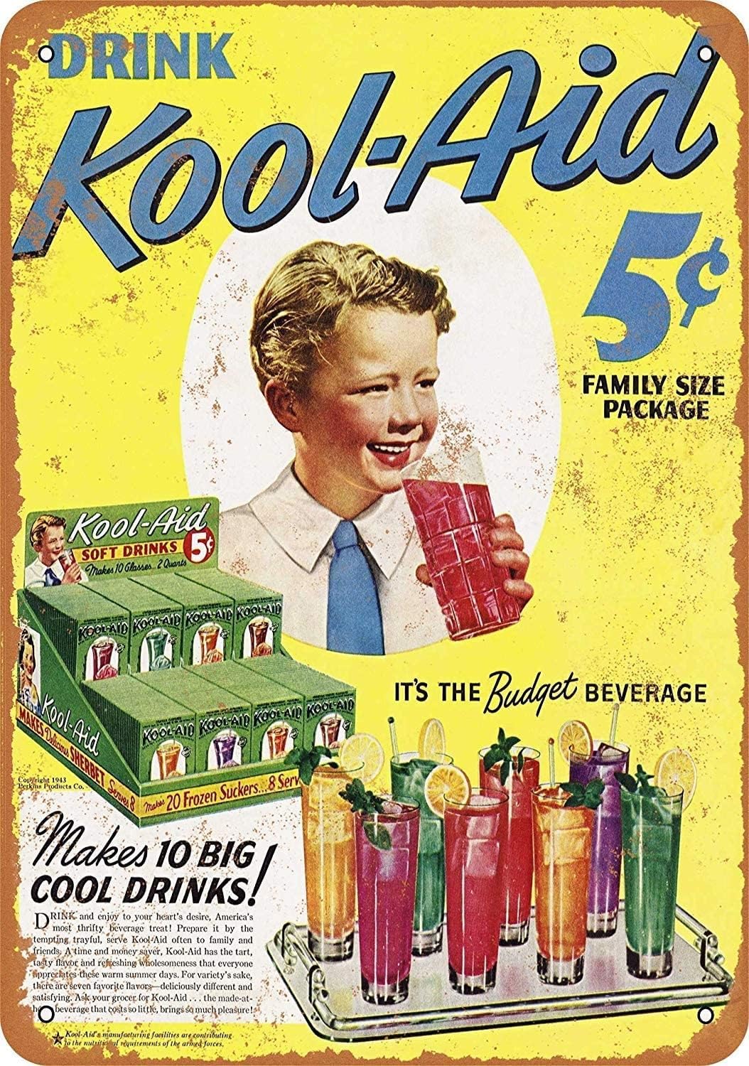 1943 Kool-Aid – Cartel de metal retro de 12 x 8 pulgadas, placa de póster de arte vintage
