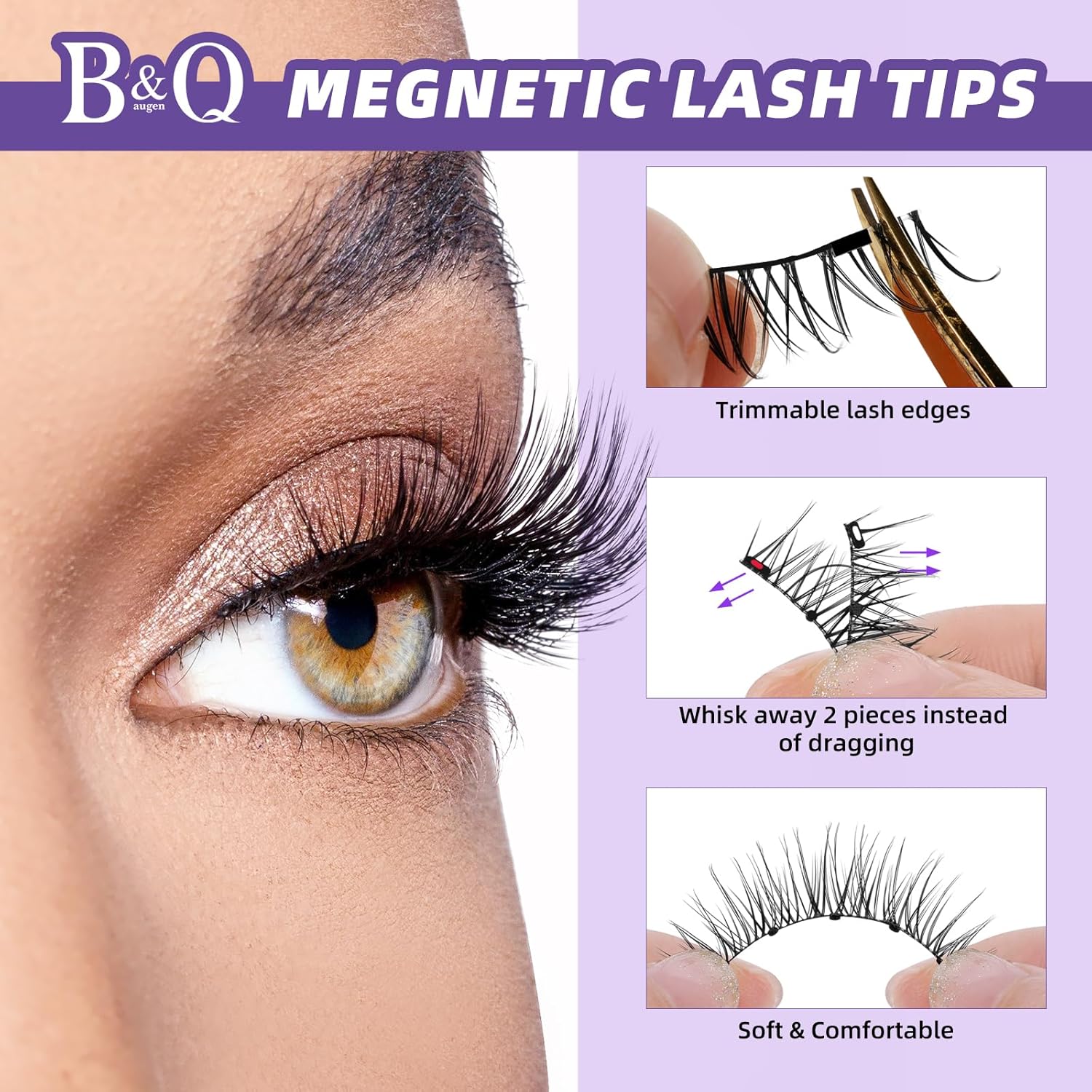 B&Qaugen Pestañas magnéticas, 2 pares de pestañas magnéticas, pestañas magnéticas naturales con aplicador, ojos de gato y ojos de muñeca, pestañas