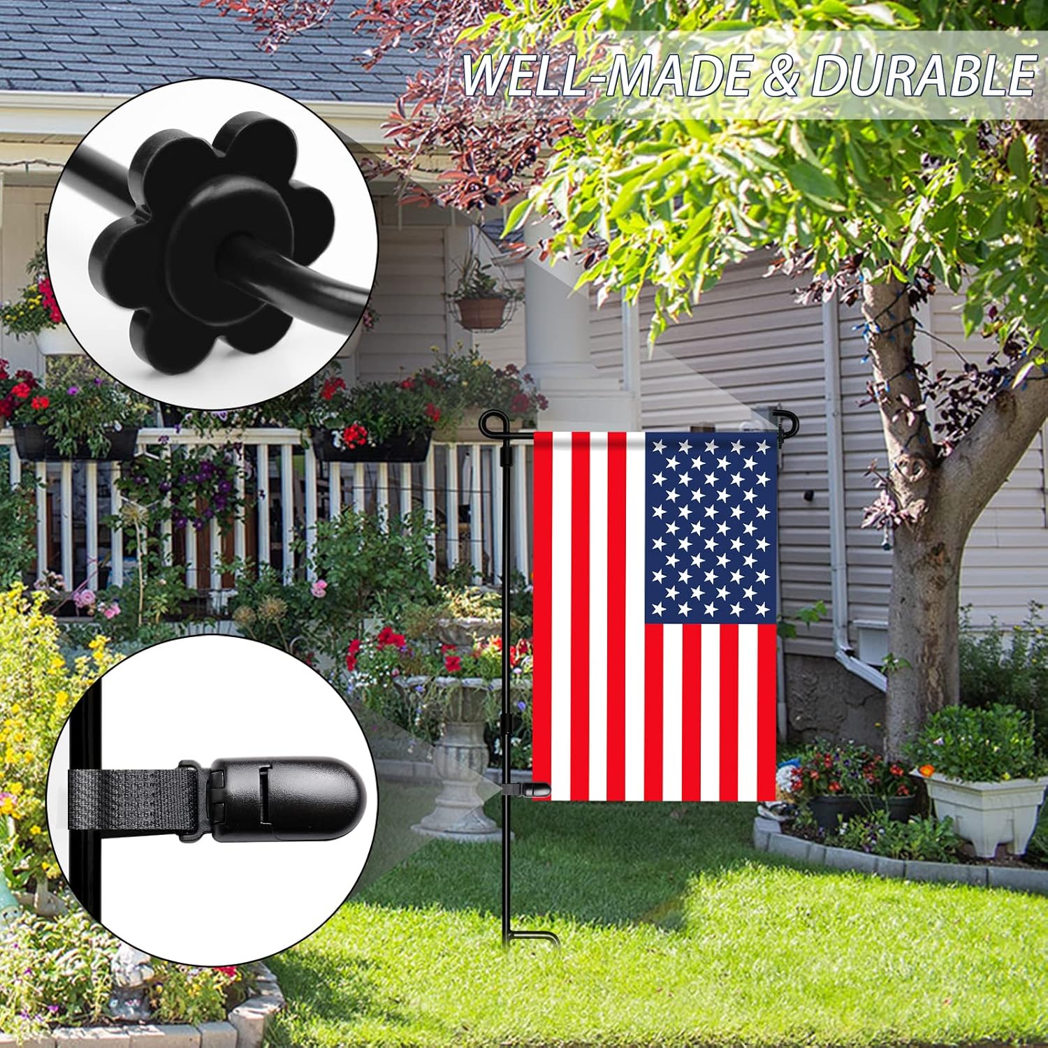 HOOSUN Paquete de 10 clips y tapones para bandera de jardín, clips de tigre para soportes de bandera de jardín, tapones de goma para bandera de
