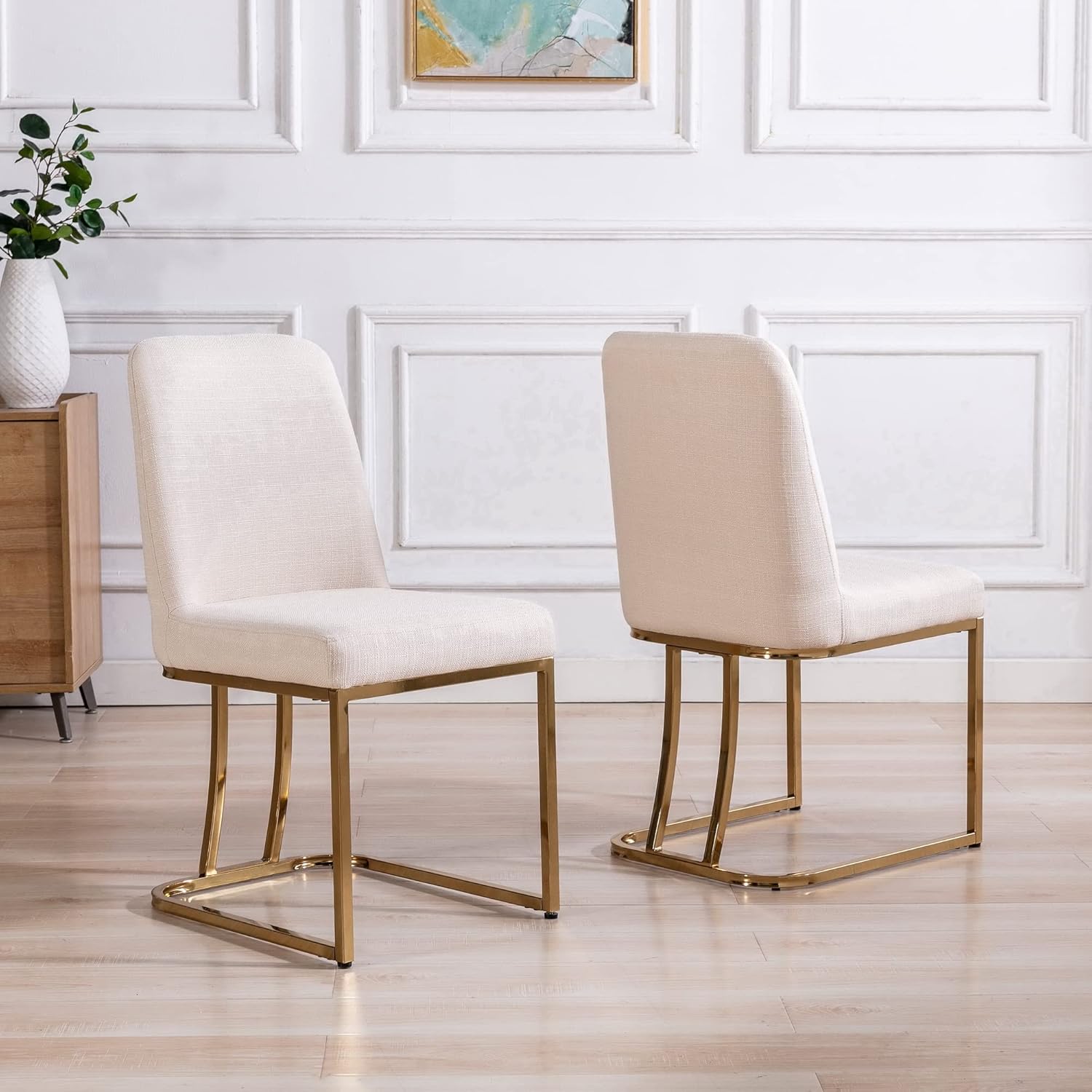 Wahson Juego de 2 sillas de comedor tapizadas de lino, silla clásica de tela moderna para comedor, con marco de metal dorado, beige