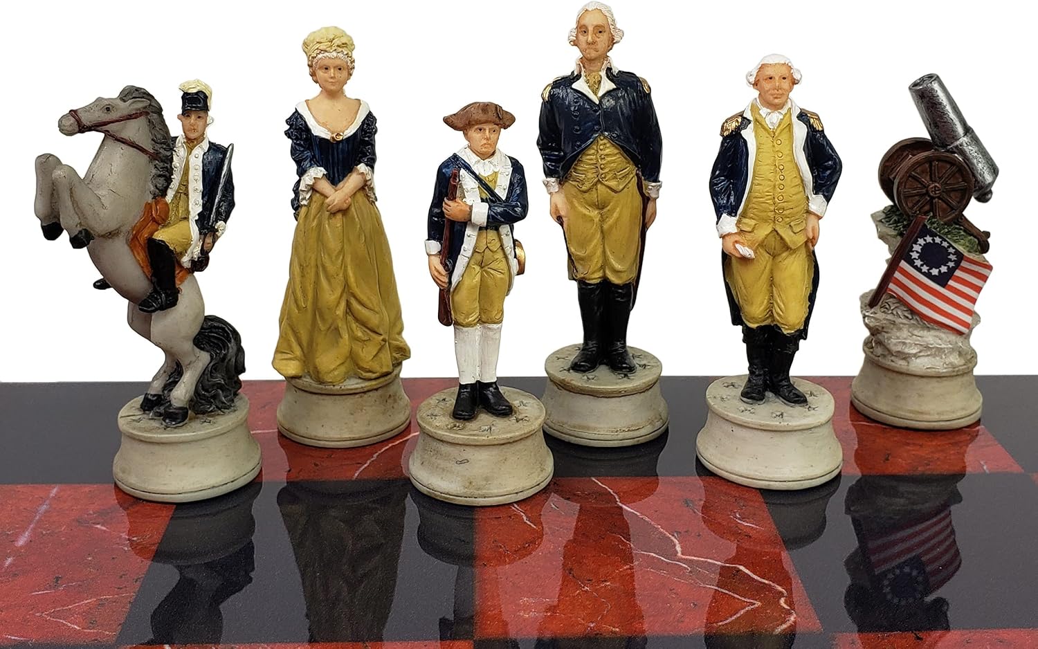 Juego de ajedrez de guerra de independencia revolucionaria americana con tablero de mármol sintético negro y rojo de 16 pulgadas