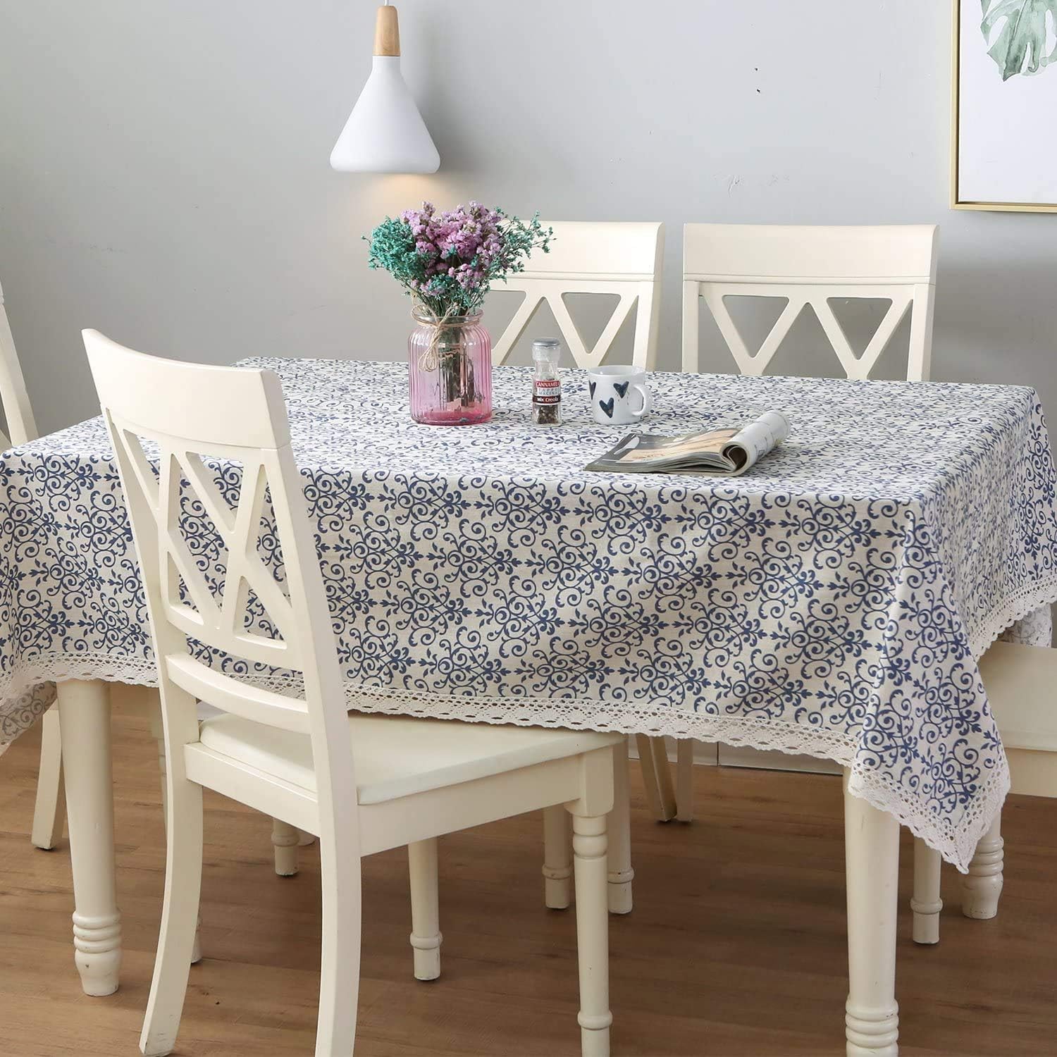 LeLehome – Mantel de algodón con diseño de girasoles antiguos y florales, de algodón duradero con encaje, bordado, lavable, mantel para cena, picnic
