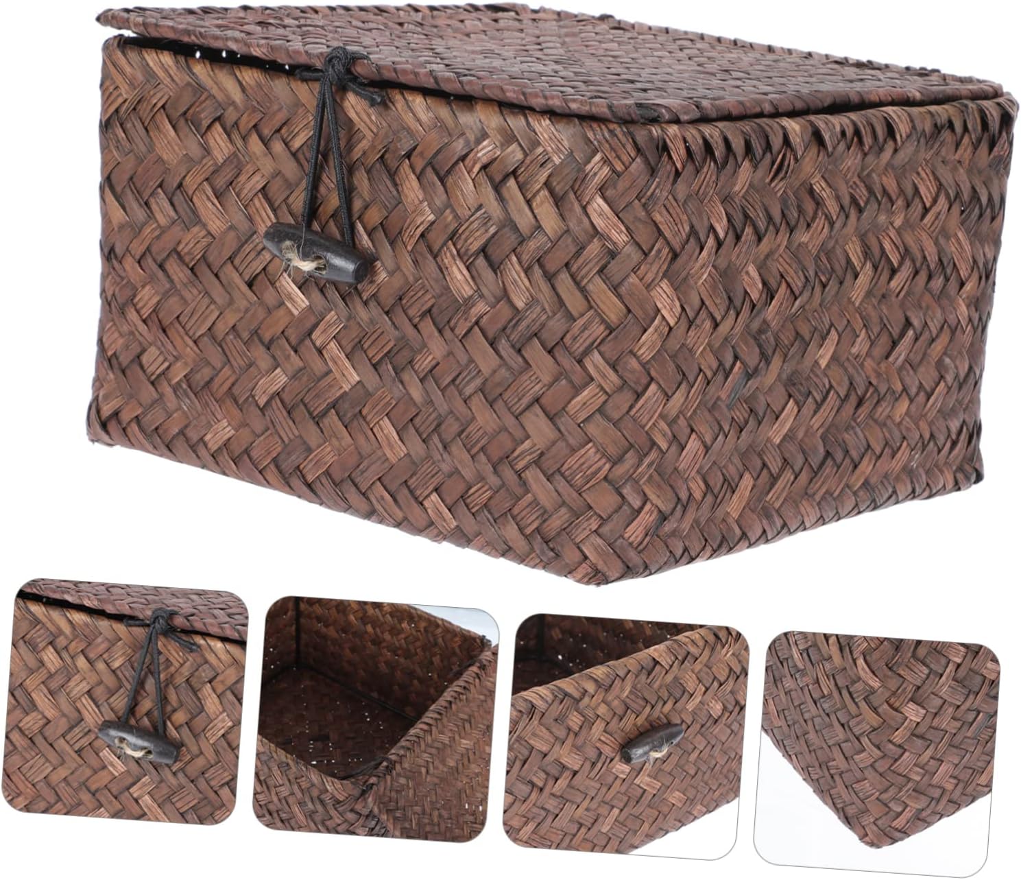 STOBAZA Caja de almacenamiento tejida a mano, cesta decorativa de ratán, cesta de almacenamiento de pastos marinos, cesta de mimbre con tapa, cesta