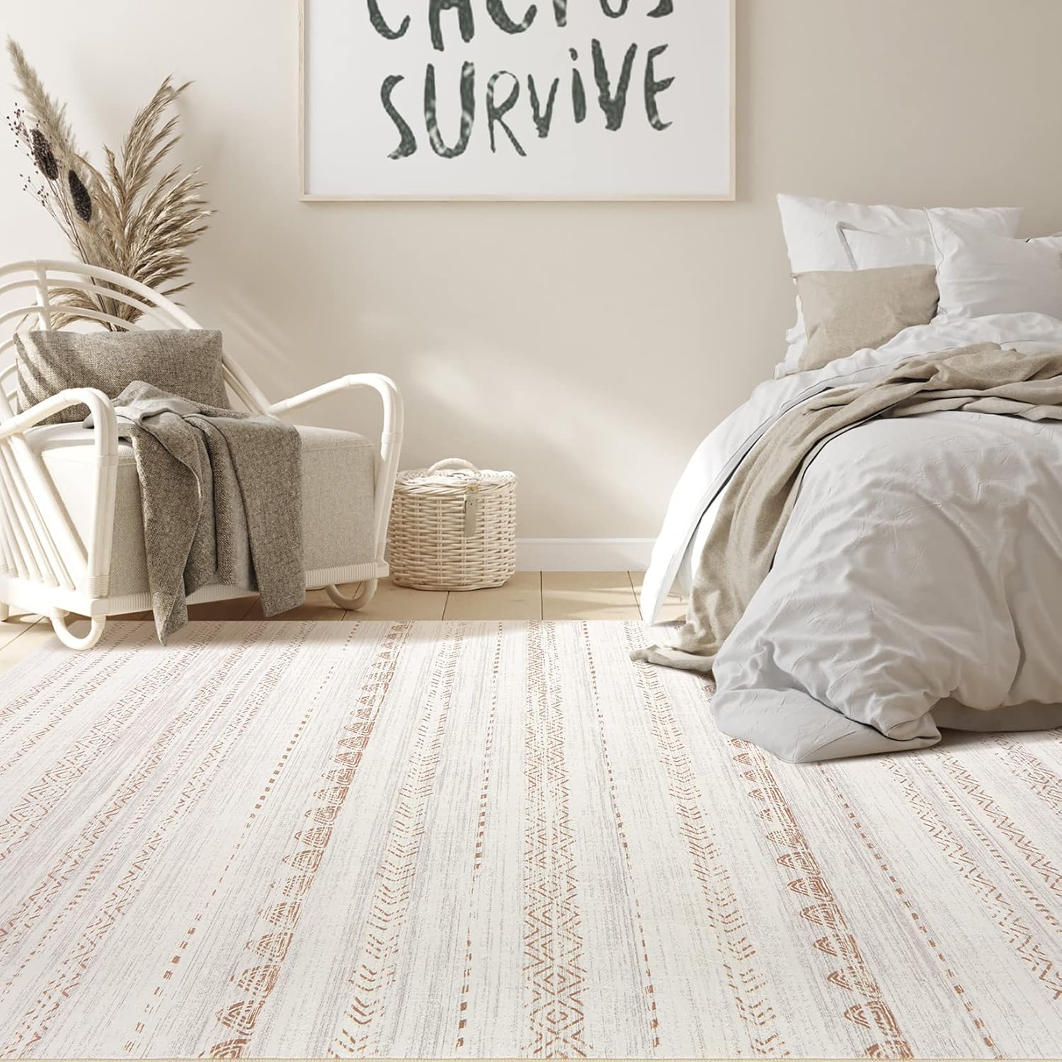 Alfombra de área para sala de estar 6 x 9 pies, grande, suave, lavable a máquina, estilo bohemio, marroquí, casa de campo, neutro, resistente a las