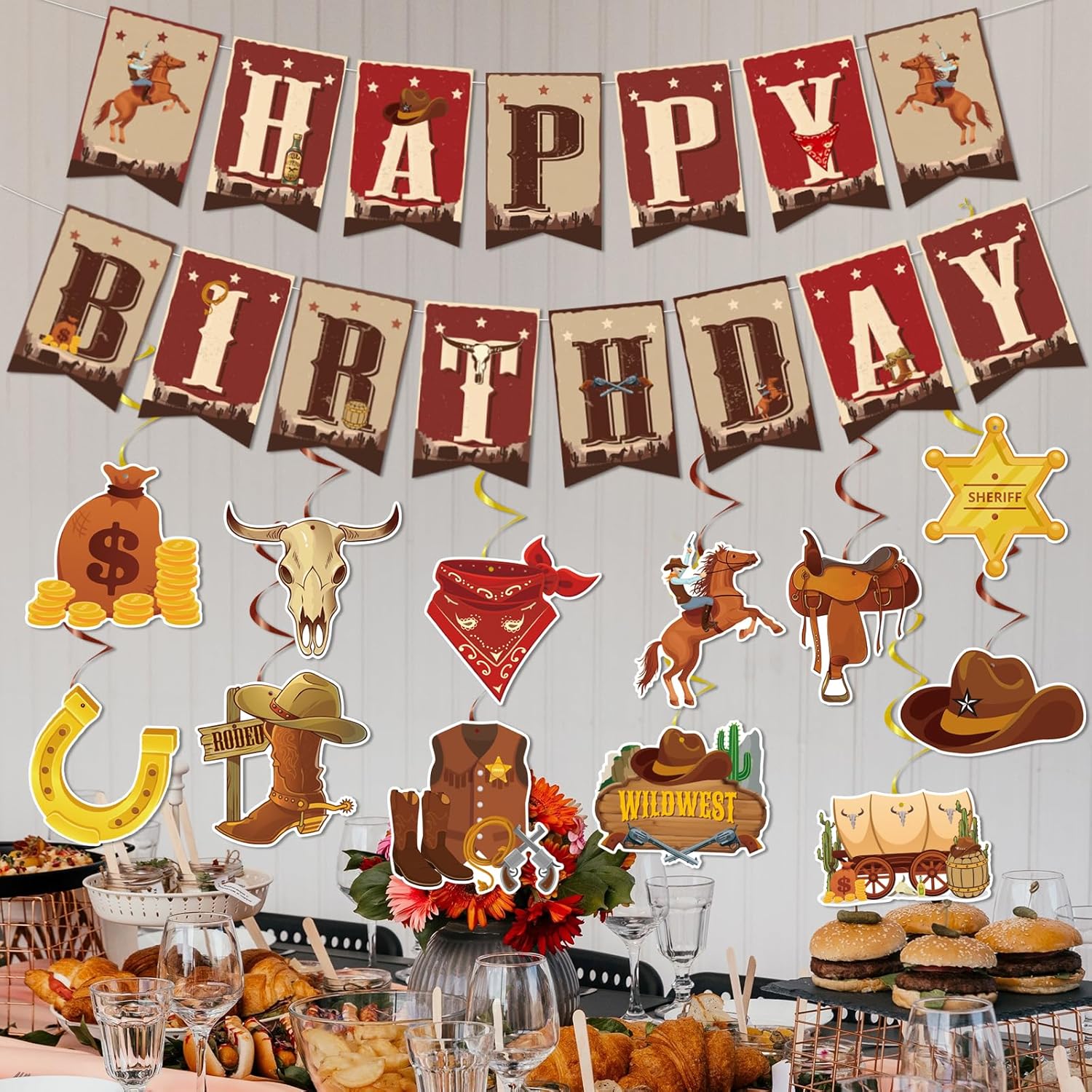Decoraciones de fiesta de cumpleaños de vaquero, 29 piezas de remolinos colgantes occidentales, decoraciones de fiesta de cumpleaños, remolinos
