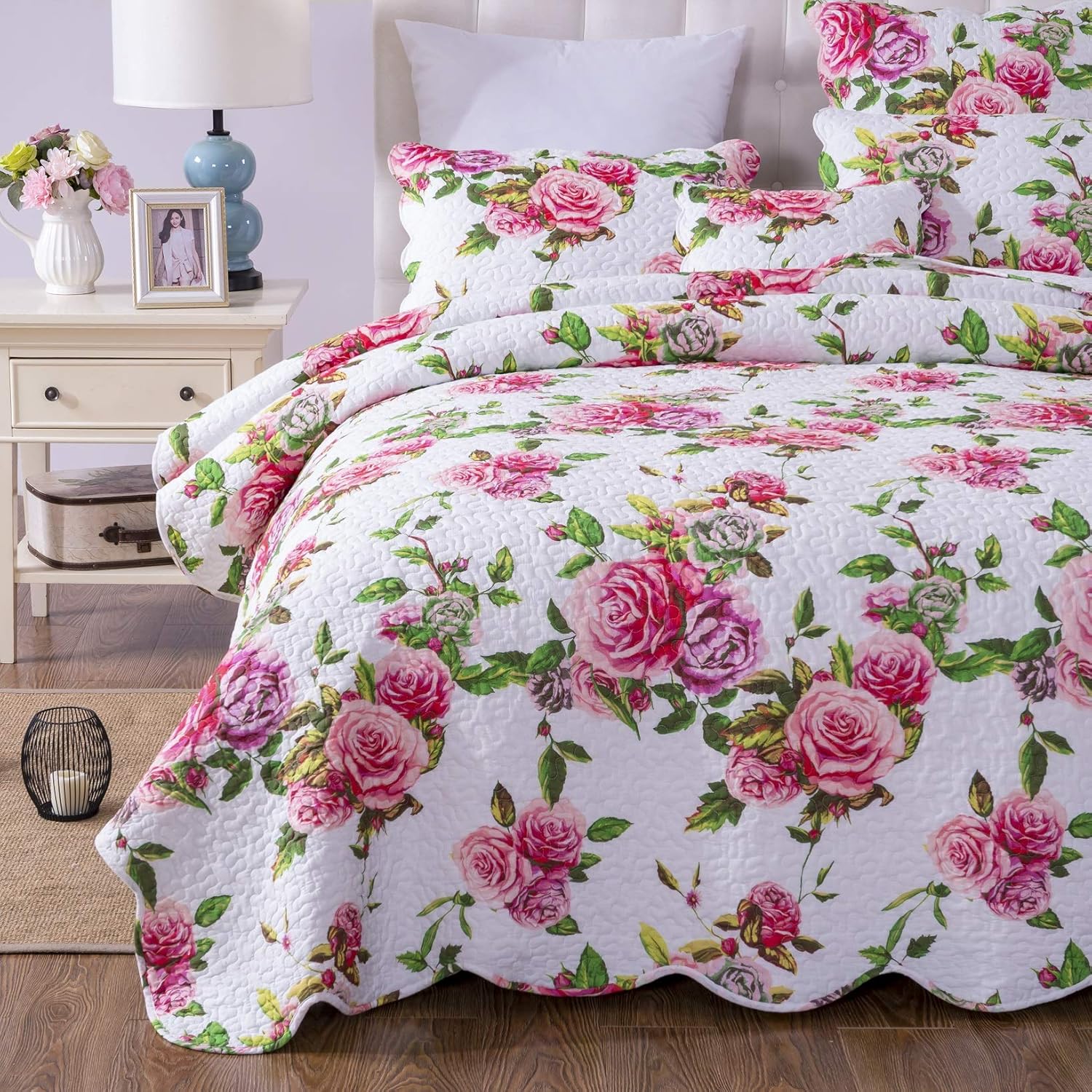 DaDalogy Bedding – Juego de cama floral de 14 piezas en una bolsa, diseño de rosas románticas, juego de sábanas bajeras y encimeras con funda de