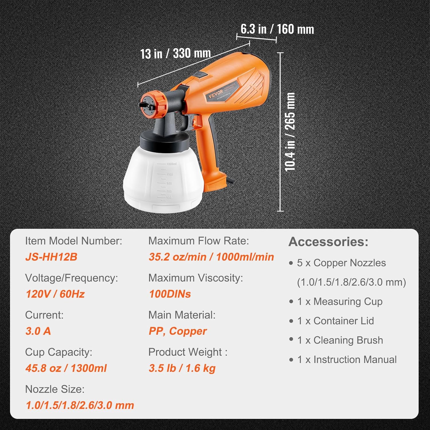 VEVOR Pulverizador eléctrico de pintura con contenedor de 44.0 fl oz, pistola de pulverización HVLP de 700 W con 5 boquillas de cobre, ideal para